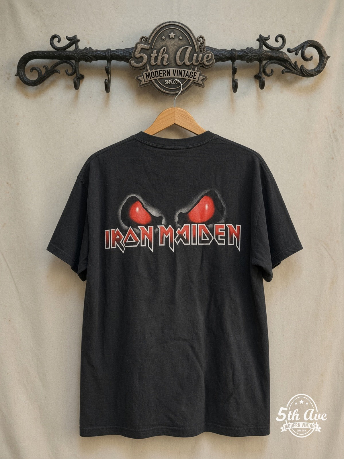 Iron Maiden – Somewhere Back in Time – Vintage Band T-Shirt — back on locked cream ornate 5th Ave rack