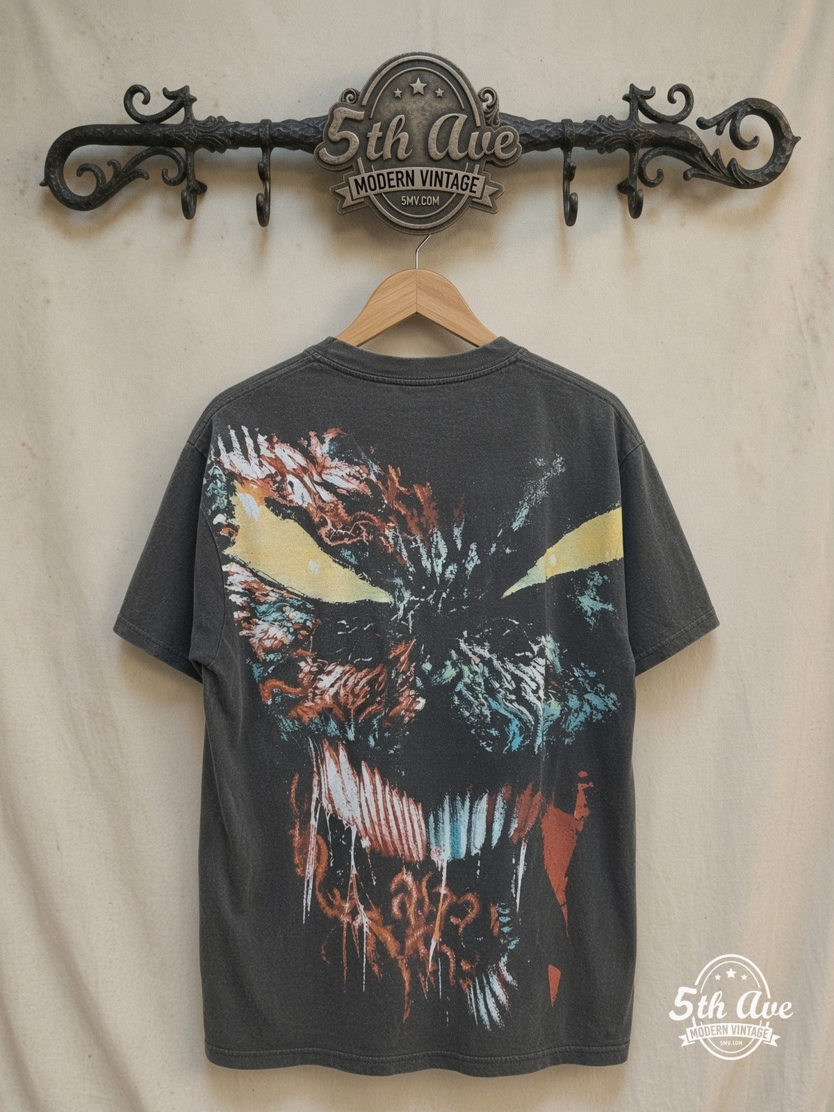 Spawn – Overprint – New Vintage Graphic Tee — back on locked cream ornate 5th Ave rack