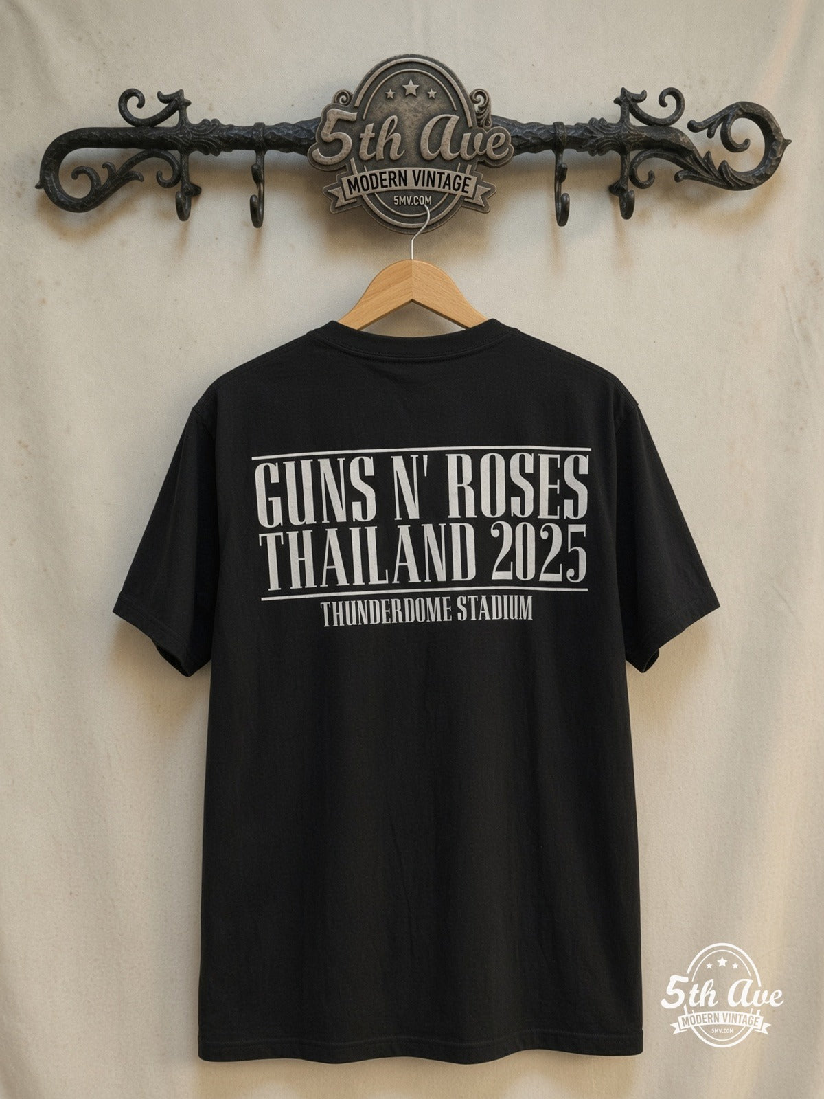 Guns N' Roses – World Tour Thailand 2025 – Vintage Band T-Shirt — back on locked cream ornate 5th Ave rack
