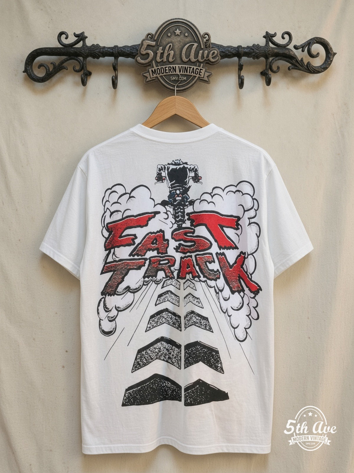 Looney Tunes – Taz-Mania Fast Track – All Over Print – New Vintage Graphic Tee — back on locked cream ornate 5th Ave rack