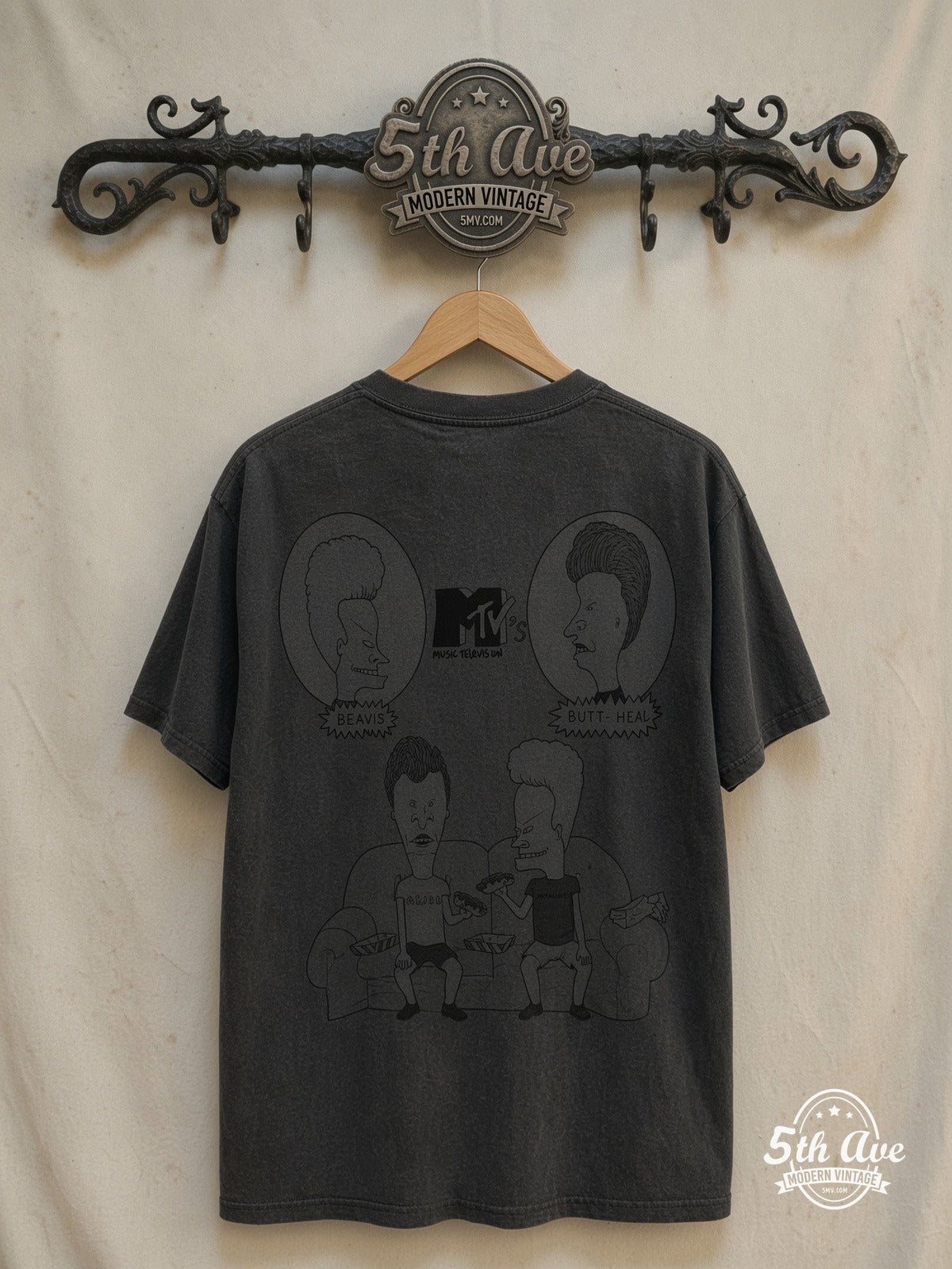 MTV AC/DC Beavis and Butthead Rock T-Shirt — back on locked cream ornate 5th Ave rack