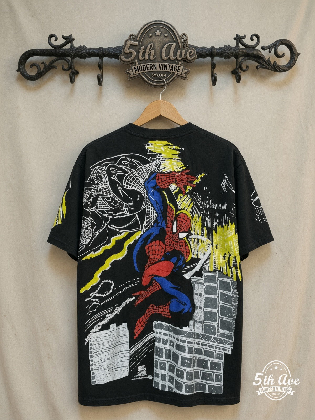 Marvel – Spider-Man – All Over Print – Vintage Graphic Tee — back on locked cream ornate 5th Ave rack