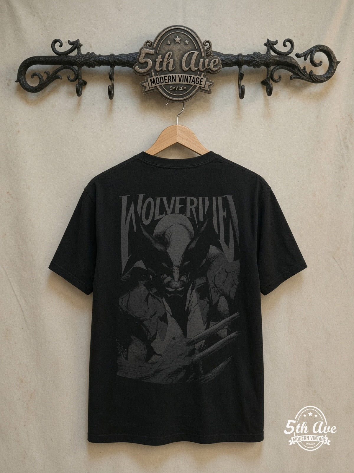Wolverine All Over Print T-Shirt — back on locked cream ornate 5th Ave rack