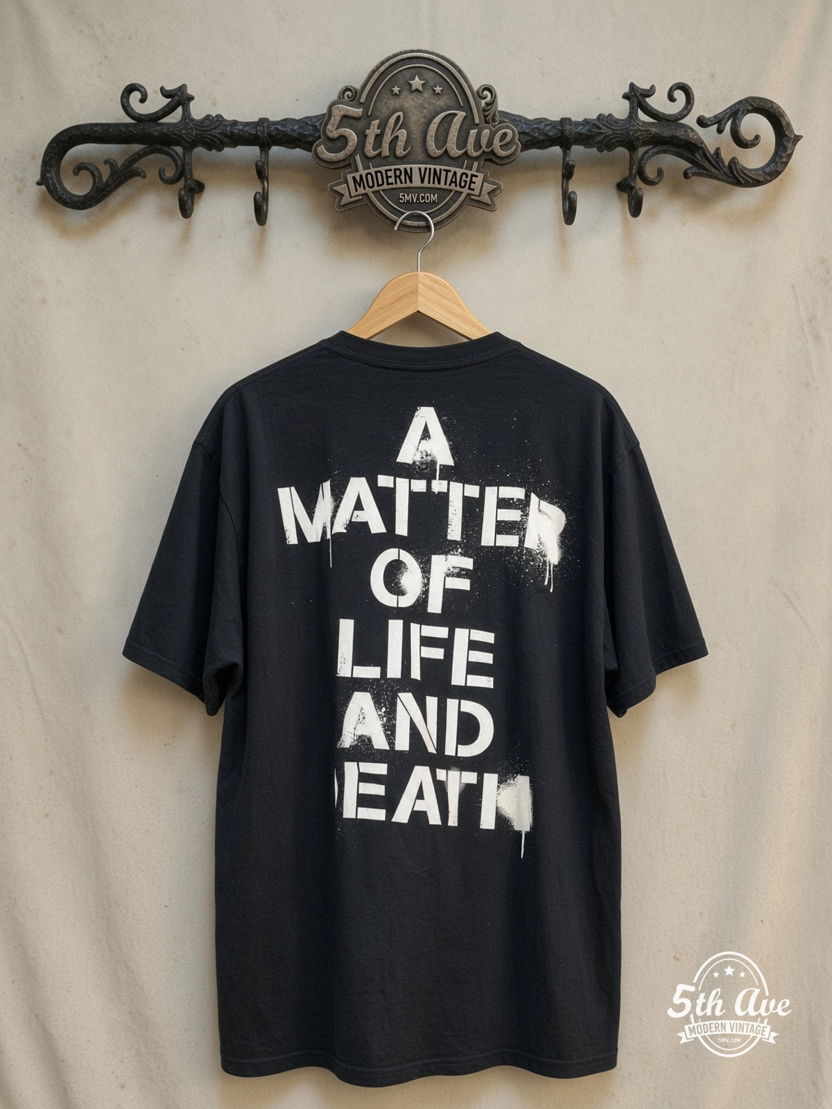 Iron Maiden – A Matter of Life and Death All Over Print T-Shirt – Vintage Band T-Shirt — back on locked cream ornate 5th Ave rack
