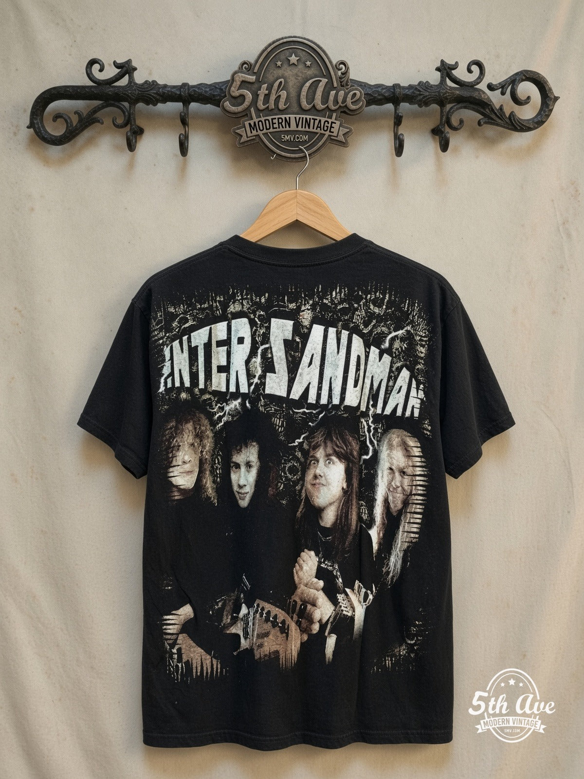 Metallica – Enter Sandman – All Over Print – Vintage Band T-Shirt — back on locked cream ornate 5th Ave rack