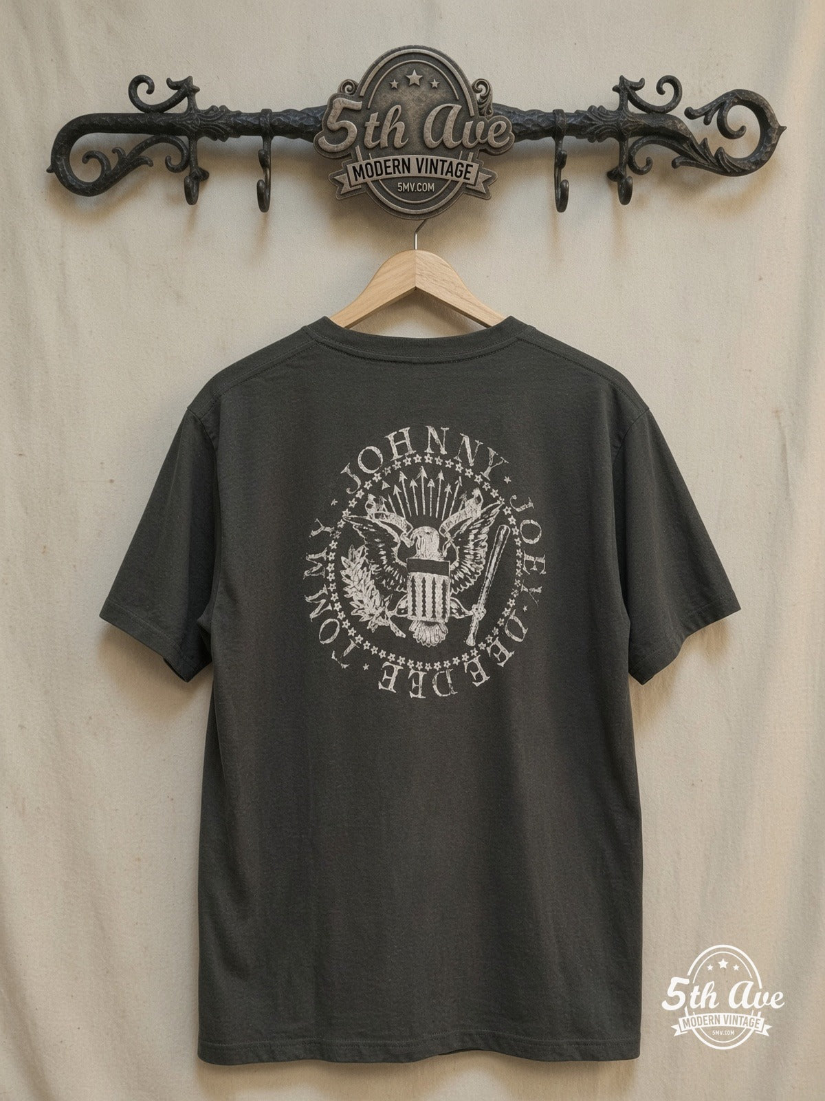 The Ramones – Ramones Graphic – Vintage Band T-Shirt — back on locked cream ornate 5th Ave rack