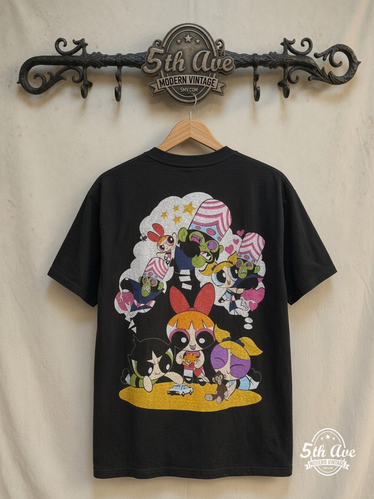 The Powerpuff Girls – Vs. Mojo Jojo – New Vintage Graphic Tee — back on locked cream ornate 5th Ave rack