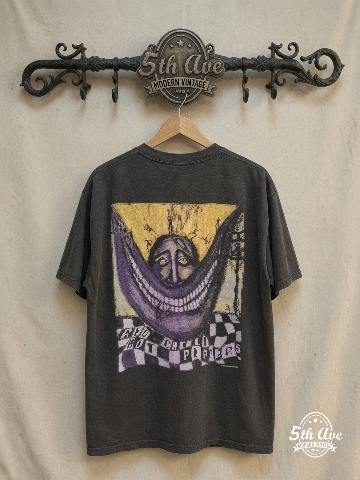 Red Hot Chili Peppers – Warlocks Big Smile Checkered – Vintage Band T-Shirt — back on locked cream ornate 5th Ave rack