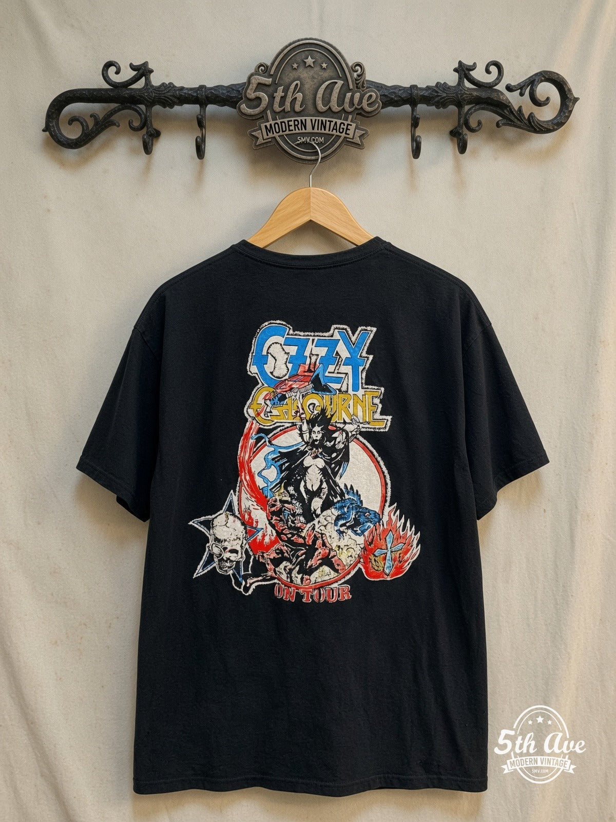 Ozzy Osbourne – On Tour – Vintage Band T-Shirt — back on locked cream ornate 5th Ave rack