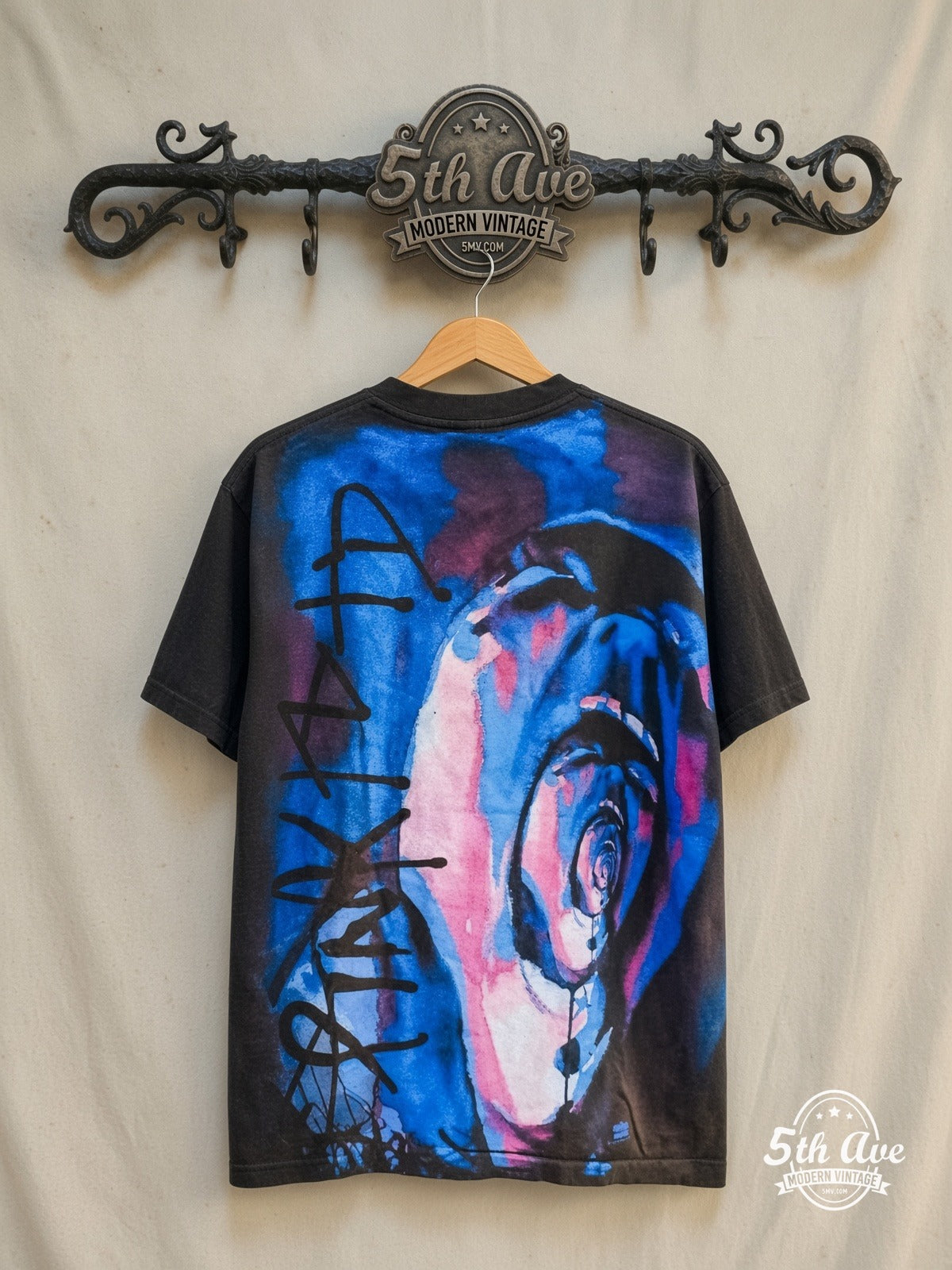 Pink Floyd – The Wall Pink Blue Screaming Face All Over Print – Vintage Band T-Shirt — back on locked cream ornate 5th Ave rack