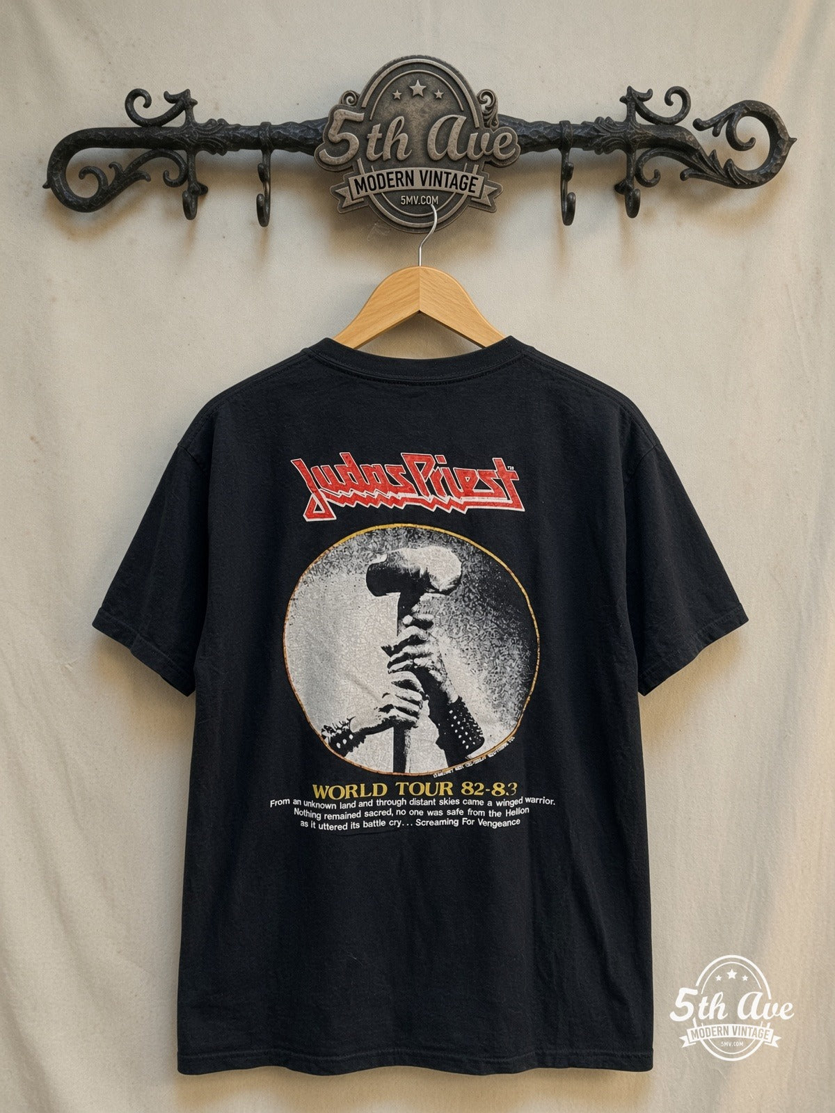 Judas Priest – World Tour 1982-83 – Vintage Band T-Shirt — back on locked cream ornate 5th Ave rack