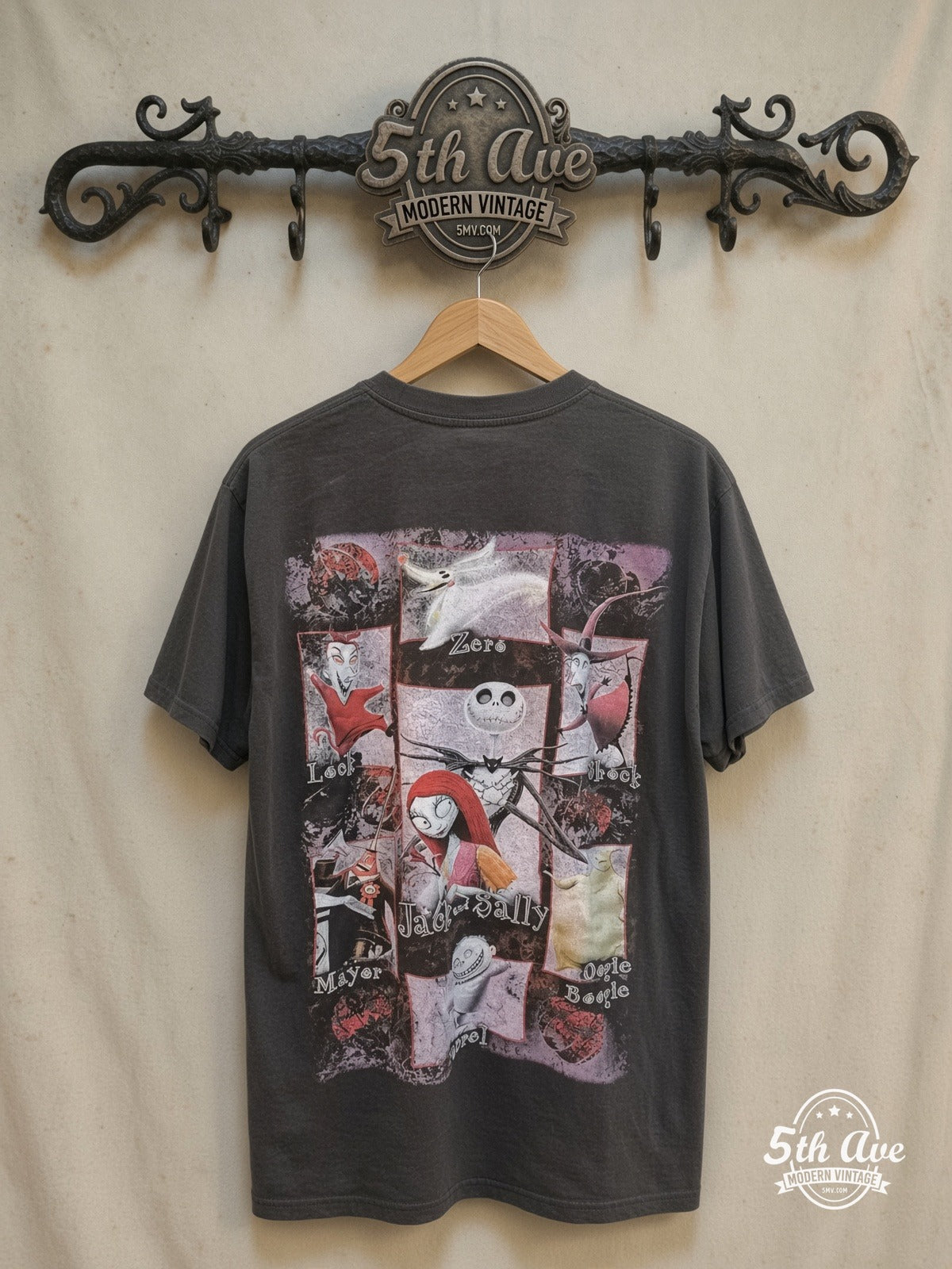 The Nightmare Before Christmas – Eternal Love in Halloween Town – Vintage Movie Tee — back on locked cream ornate 5th Ave rack