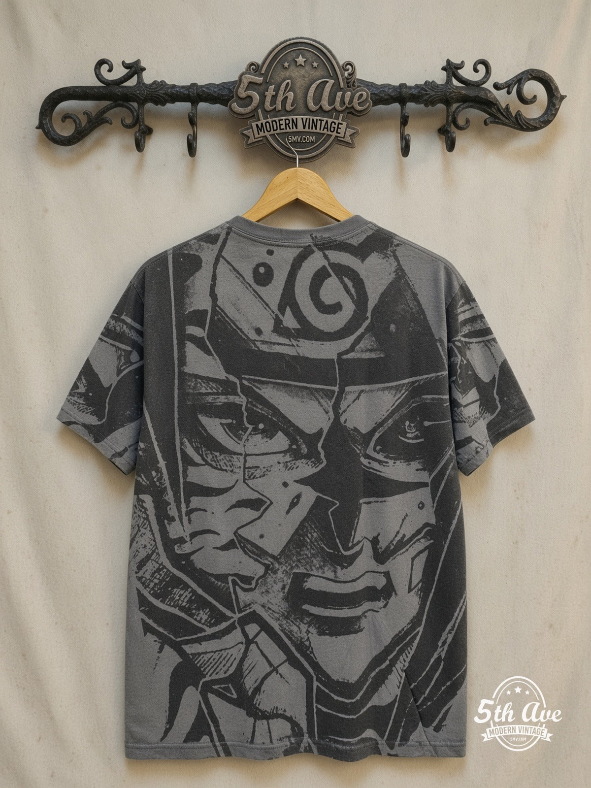 Naruto Shippuden – Split Face Hidden Leaf All Over Print – New Vintage Anime Tee — back on locked cream ornate 5th Ave rack