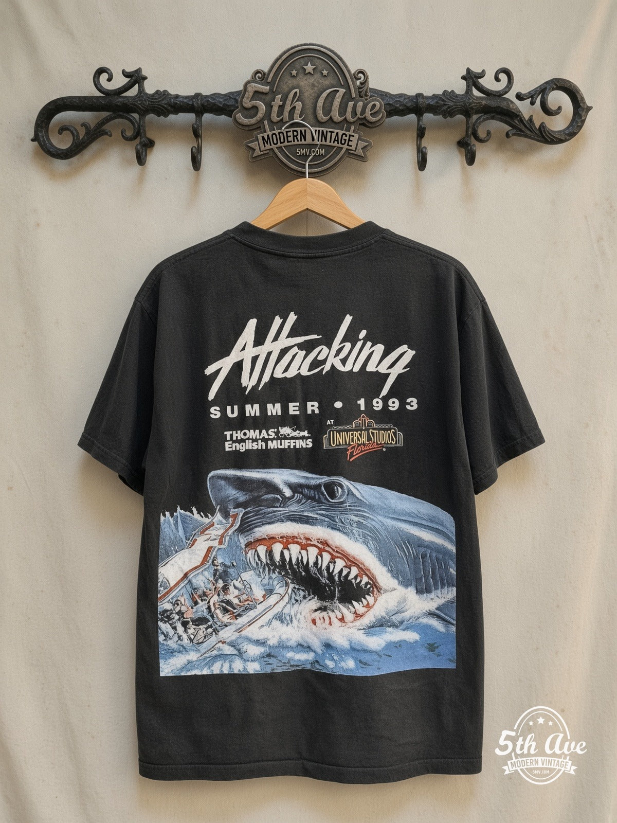Jaws Attacking Summer 1993 - Vintage Reprint Movie T-Shirt — back on locked cream ornate 5th Ave rack