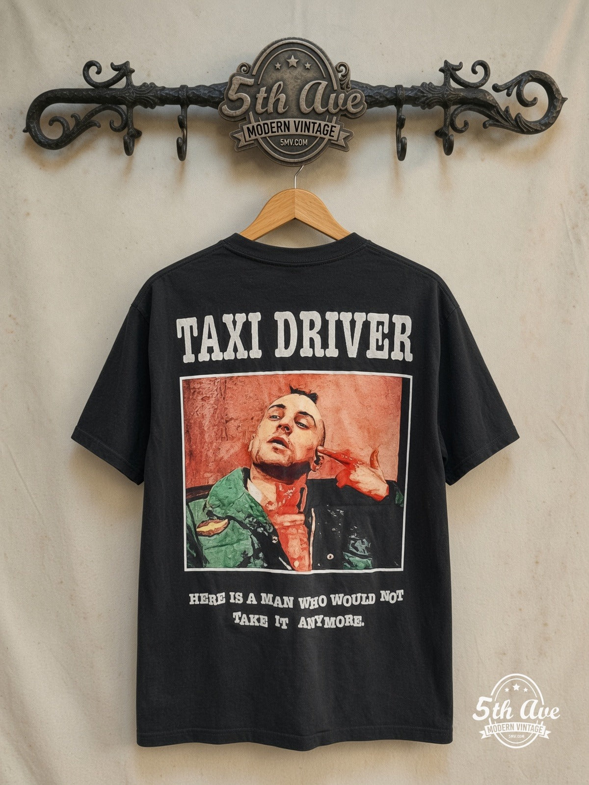 Taxi Driver – All-Over Print – Vintage Movie Tee — back on locked cream ornate 5th Ave rack