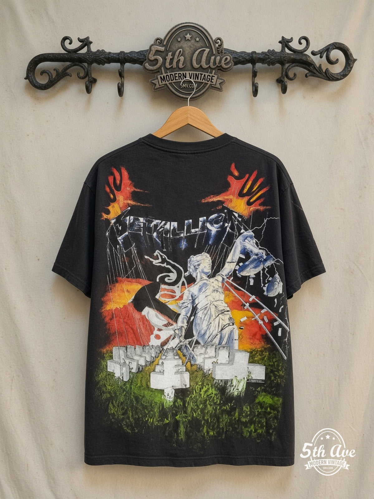Metallica – ...And Justice for All All-Over Print – Vintage Band T-Shirt — back on locked cream ornate 5th Ave rack