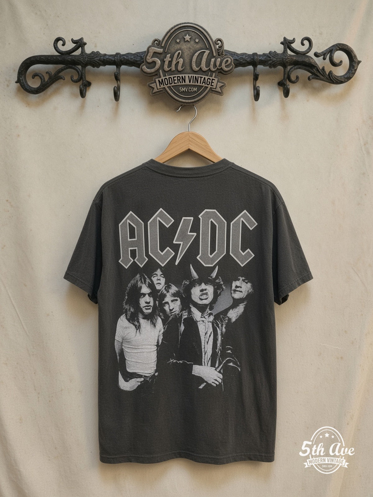 AC/DC – Rock Legends – Vintage Band T-Shirt — back on locked cream ornate 5th Ave rack