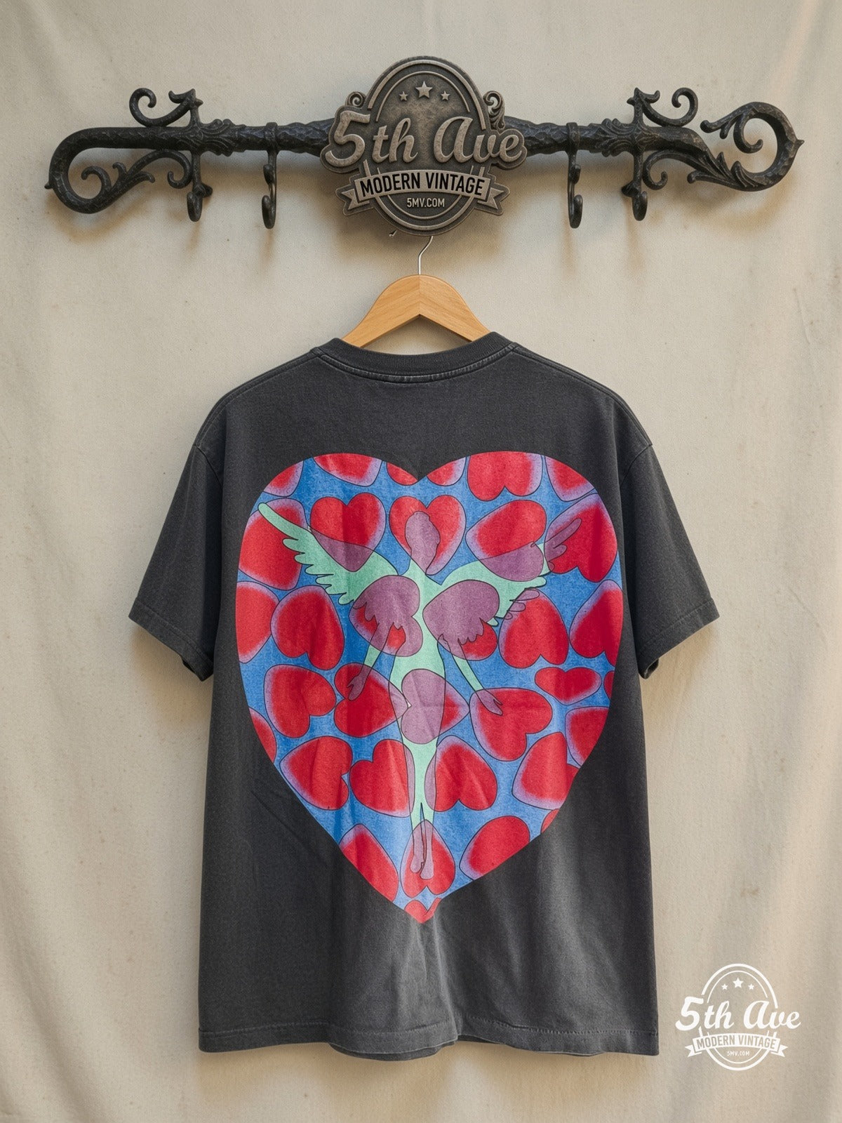 Nirvana 'Heart-Shaped Box' - Vintage Reprint Band T-Shirt – All Over Print — back on locked cream ornate 5th Ave rack