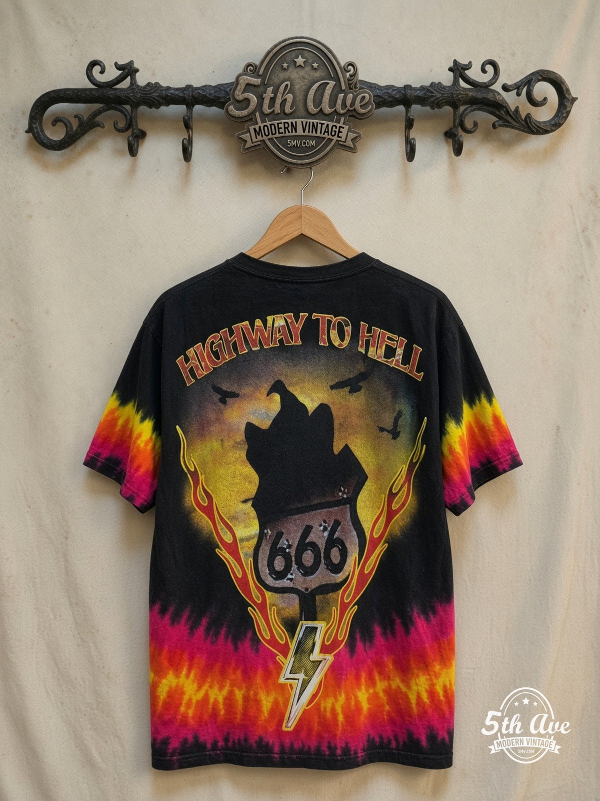 AC/DC – Highway to Hell Flame V Pink Yellow Tie-Dye – Vintage Band T-Shirt — back on locked cream ornate 5th Ave rack