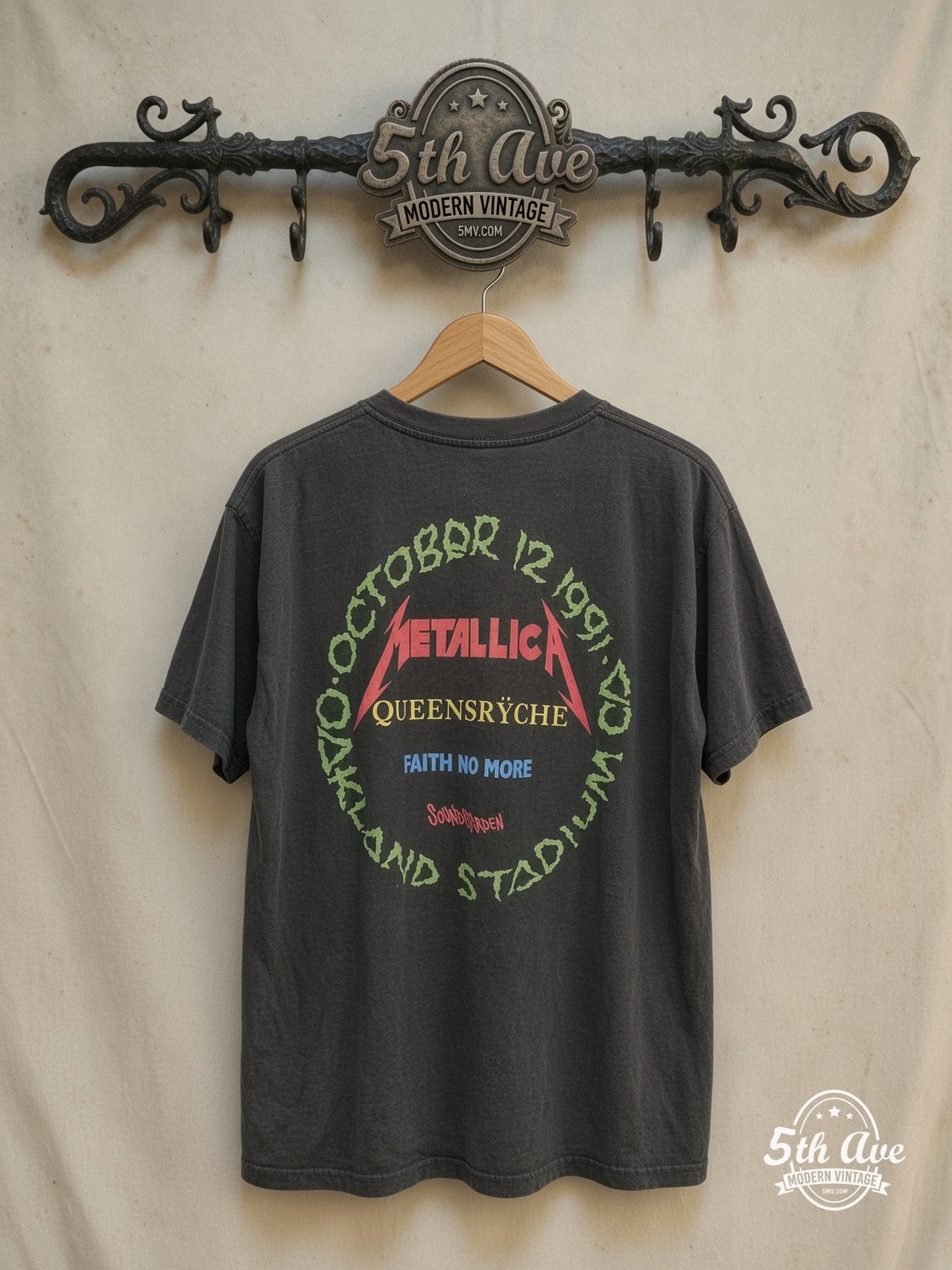 Metallica – Metallica and Friends 1991 – Vintage Band T-Shirt — back on locked cream ornate 5th Ave rack