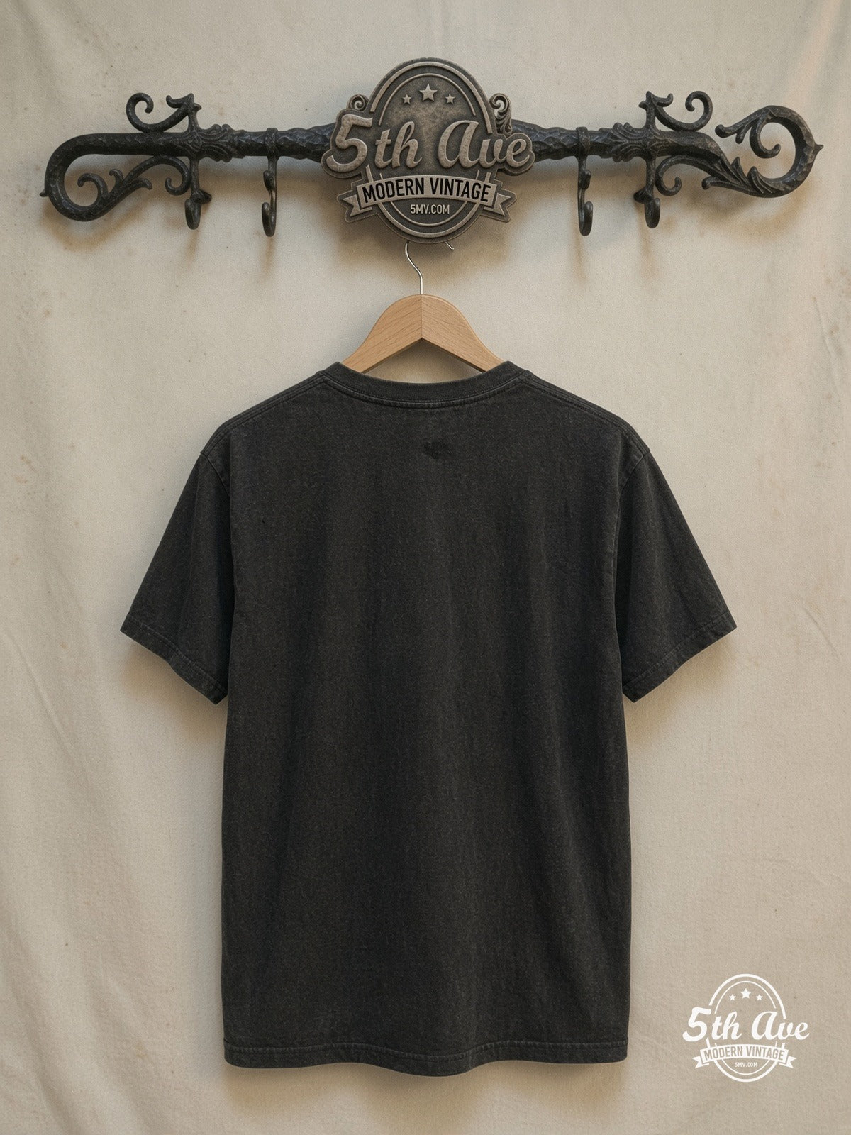 Freddie Mercury Queen 100% Cotton New Vintage Band T-Shirt – Vintage Band T-Shirt — back on locked cream ornate 5th Ave rack