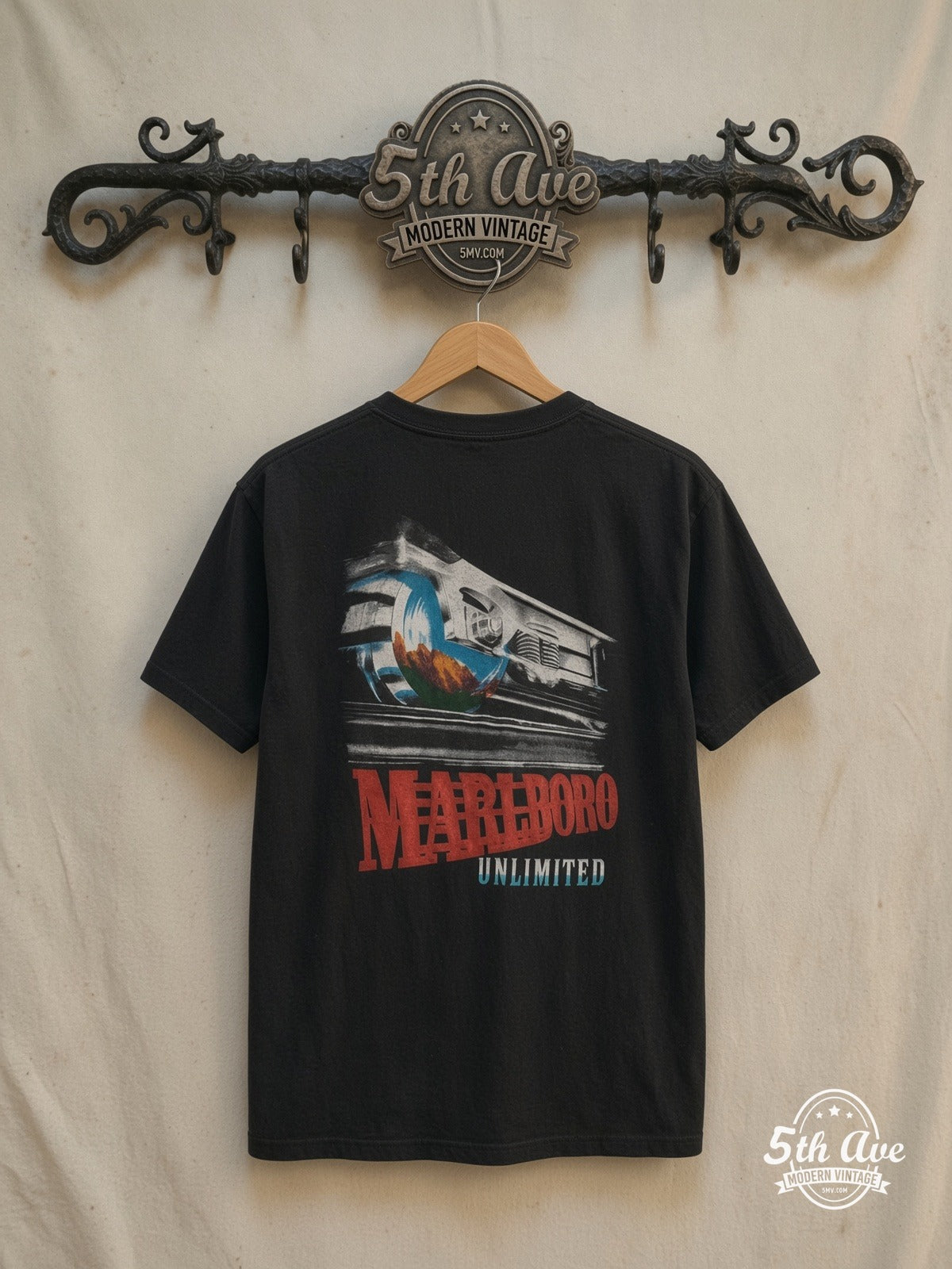 Marlboro Train T-Shirt — back on locked cream ornate 5th Ave rack