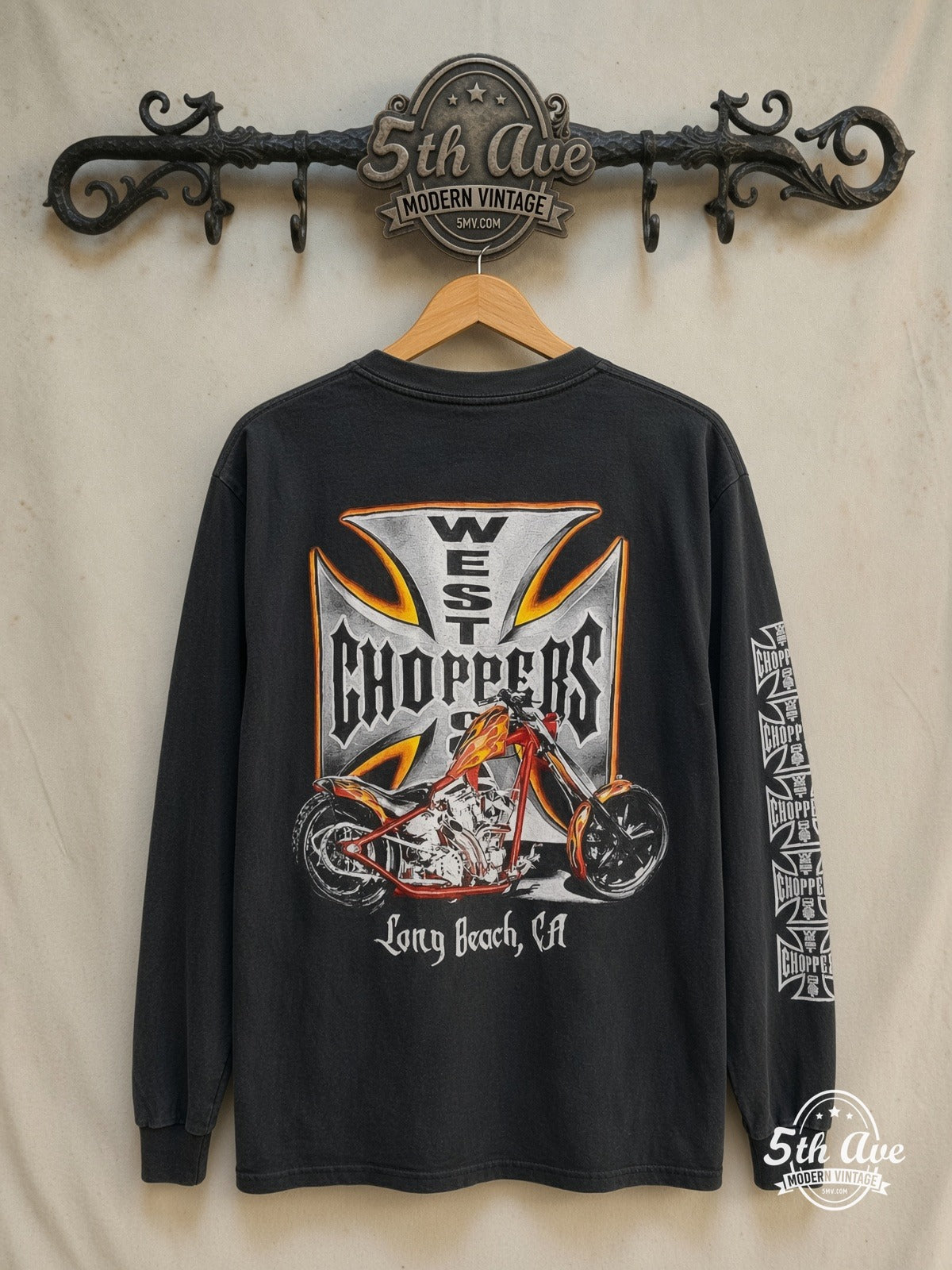 West Coast Choppers – Long Beach CA Red Chopper – Vintage Graphic Tee — back on locked cream ornate 5th Ave rack