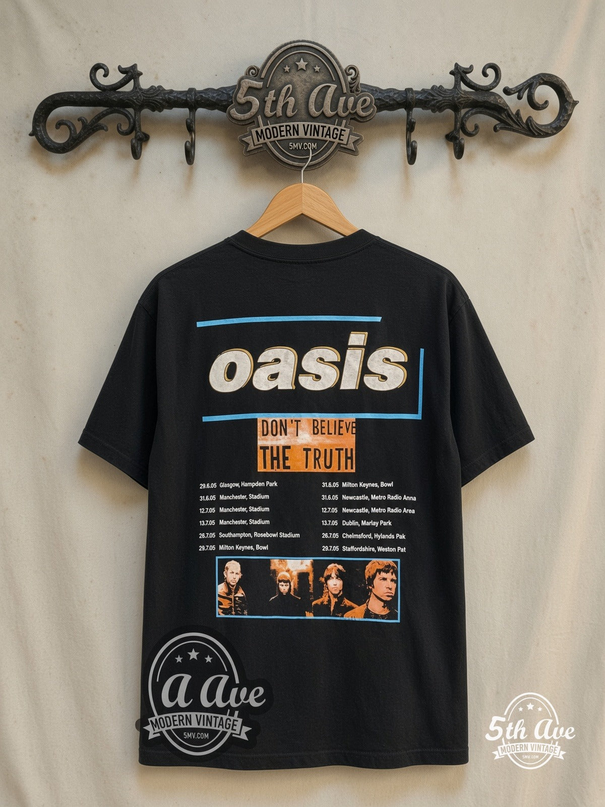 Oasis – Don't Believe the Truth World Tour 2005 – Vintage Band T-Shirt — back on locked cream ornate 5th Ave rack