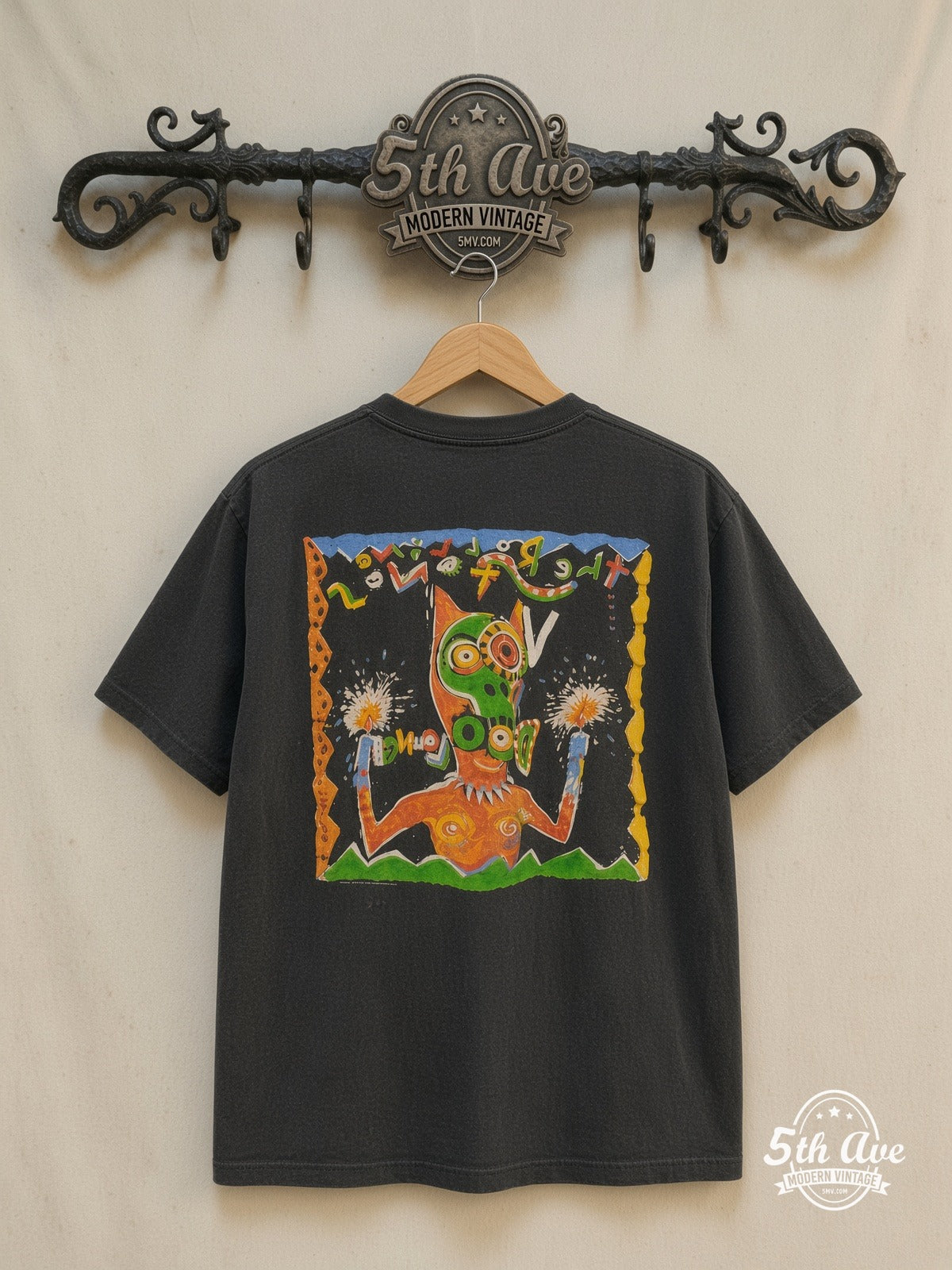 The Rolling Stones – Voodoo Lounge World Tour 1994 – Vintage Band T-Shirt — back on locked cream ornate 5th Ave rack