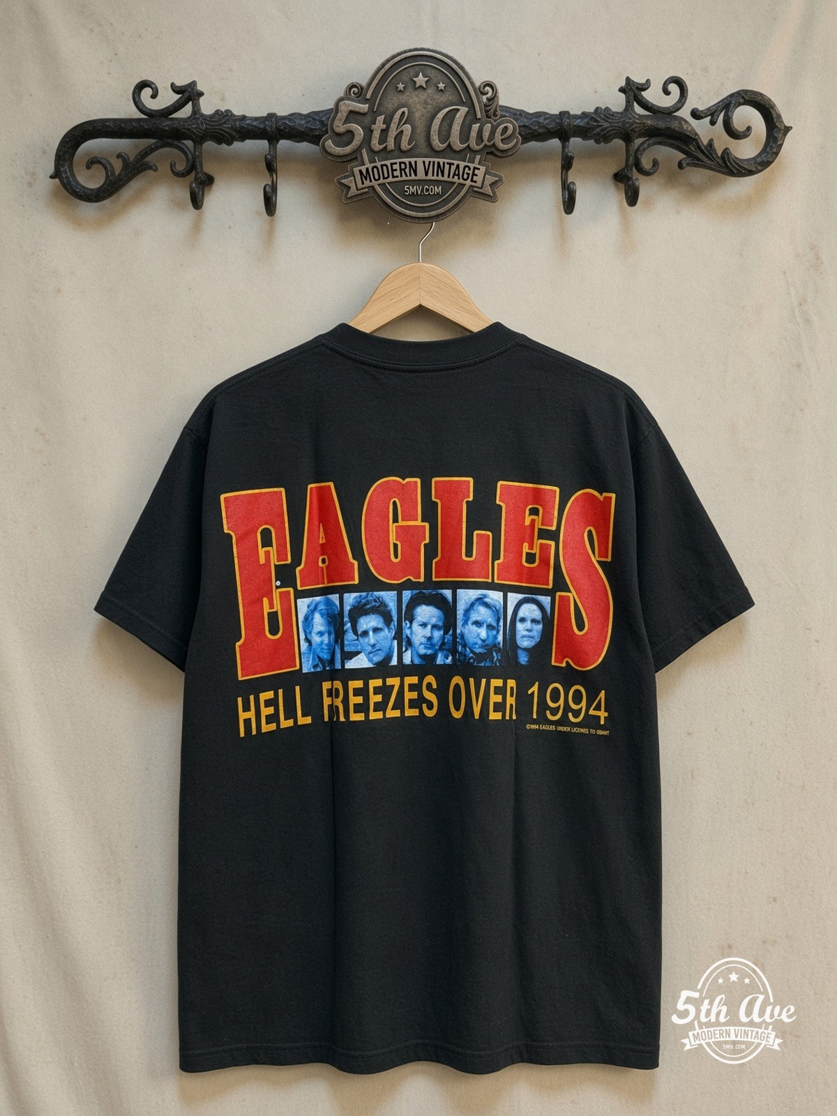 Eagles Hotel California Tribute Tee – Vintage Band T-Shirt — back on locked cream ornate 5th Ave rack