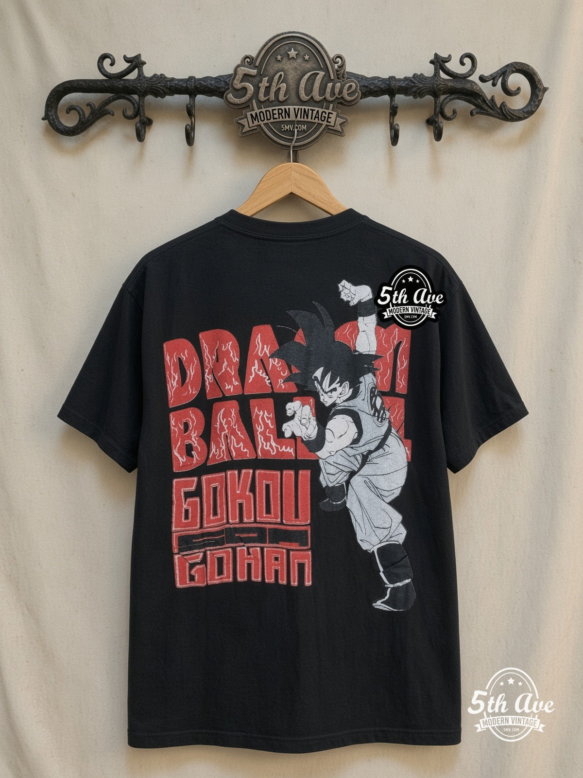 Dragon Ball Z – Goku Super Saiyan – All Over Print – New Vintage Anime Tee — back on locked cream ornate 5th Ave rack