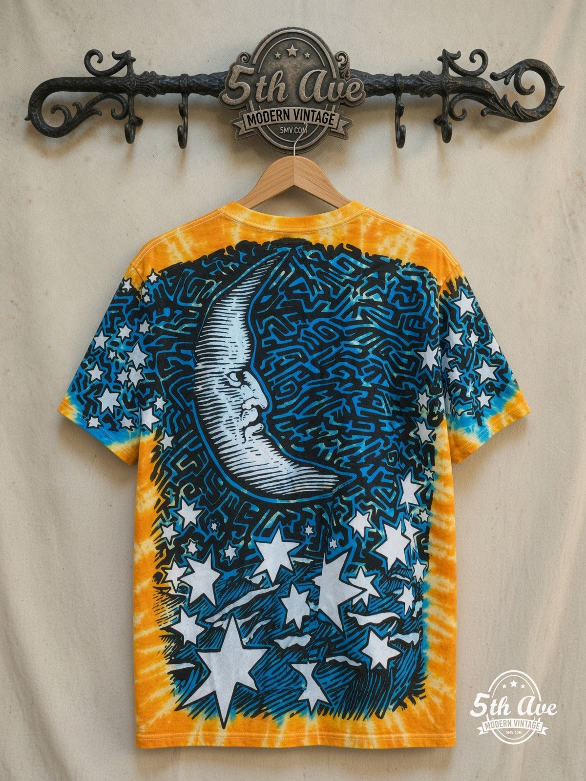 Sun and Moon – Tie-Dye Sun and Moon – All Over Print – Vintage Graphic Tee — back on locked cream ornate 5th Ave rack