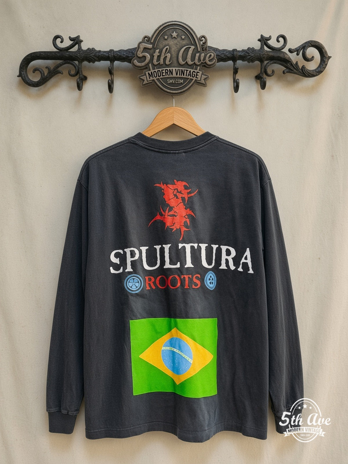 Sepultura Roots - Long Sleeve Vintage Reprint Band T-Shirt — back on locked cream ornate 5th Ave rack