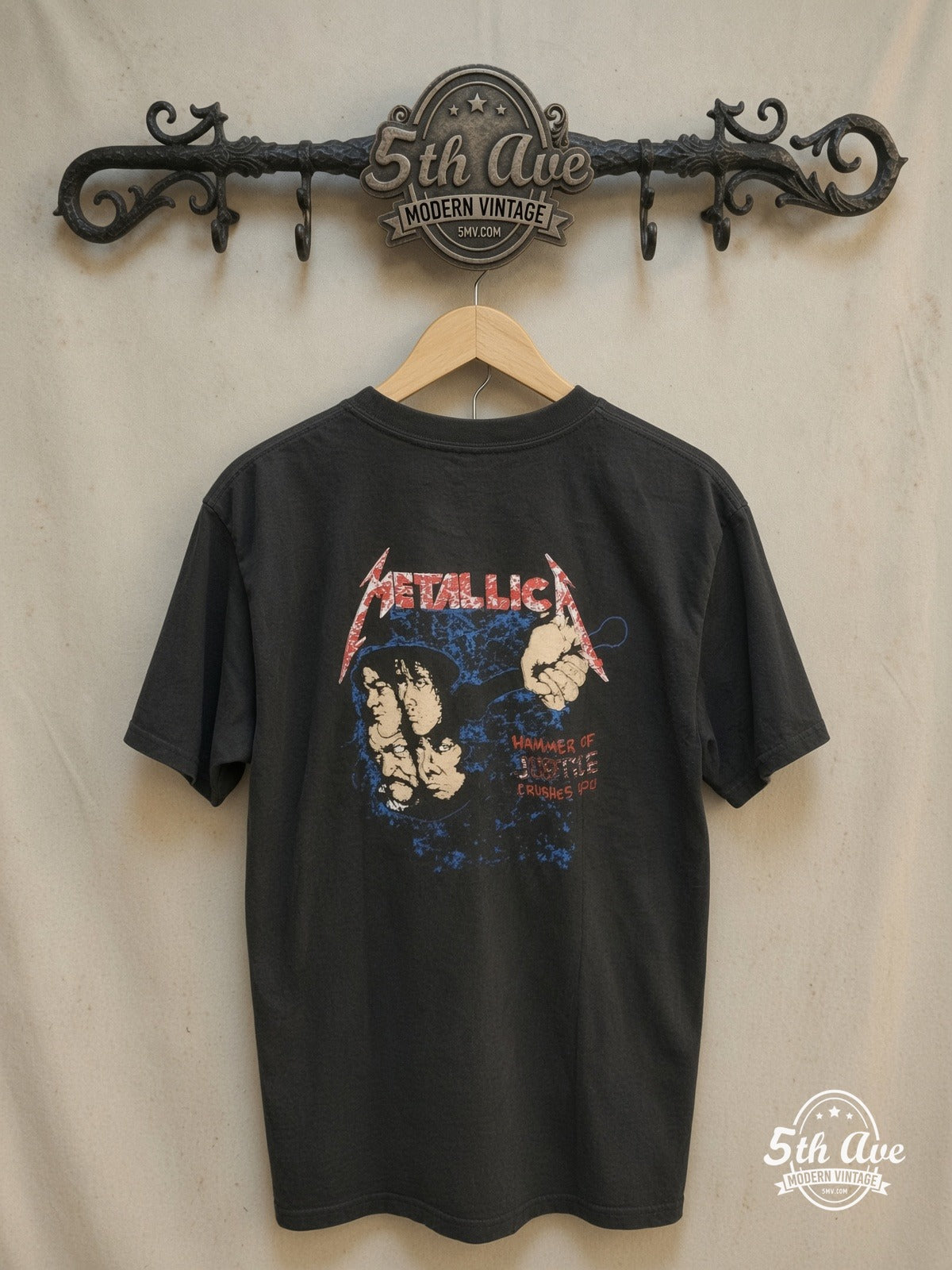KISS – METALLICA 100% Cotton New Vintage Band T-Shirt – Vintage Band T-Shirt — back on locked cream ornate 5th Ave rack