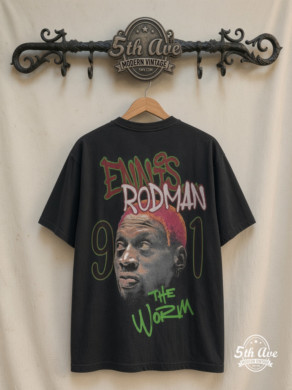 Dennis Rodman – Pink Hair / The Worm 91 – Vintage Band T-Shirt — back on locked cream ornate 5th Ave rack