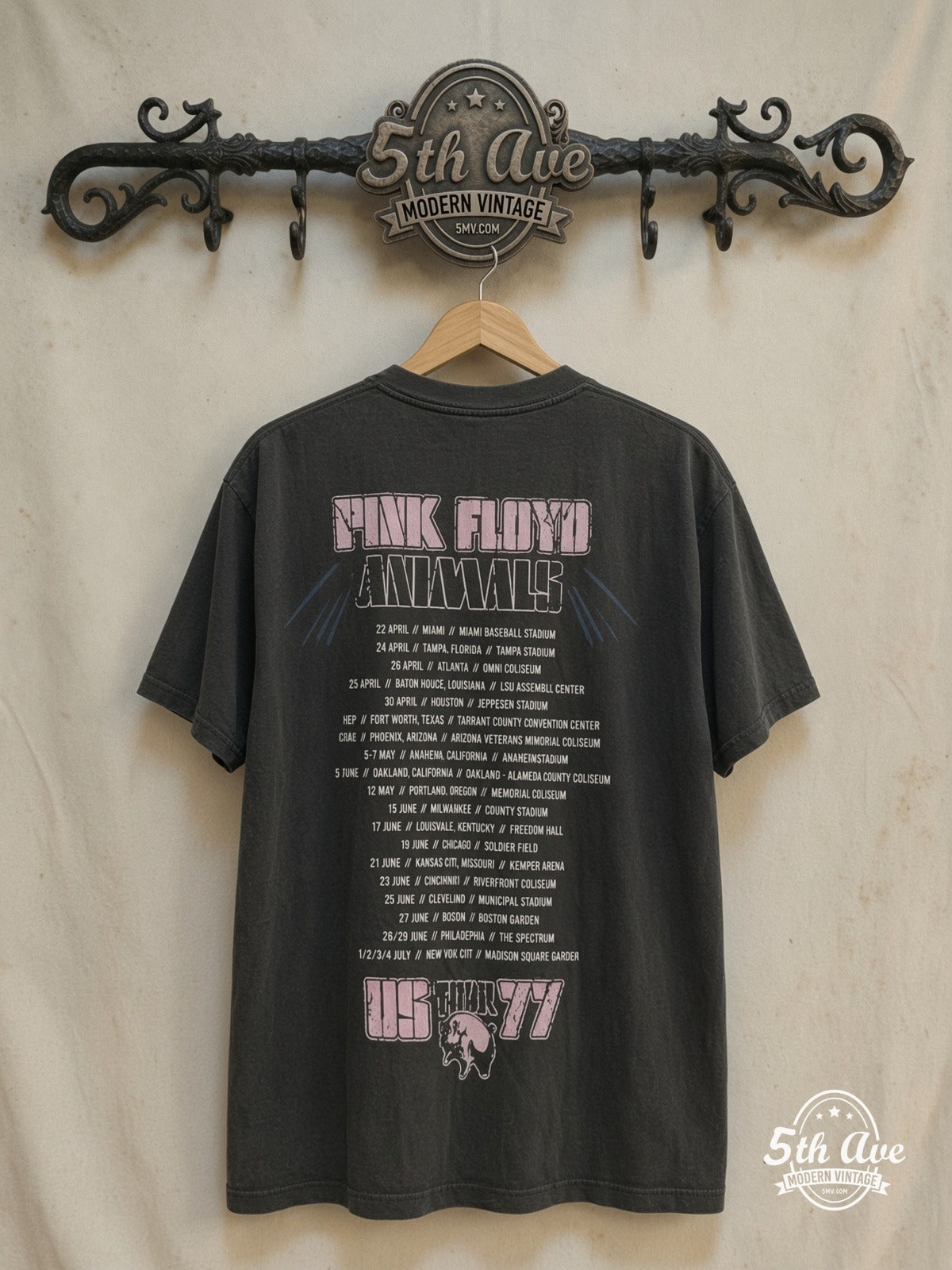 Pink Floyd – 1977 Tour – Vintage Band T-Shirt — back on locked cream ornate 5th Ave rack
