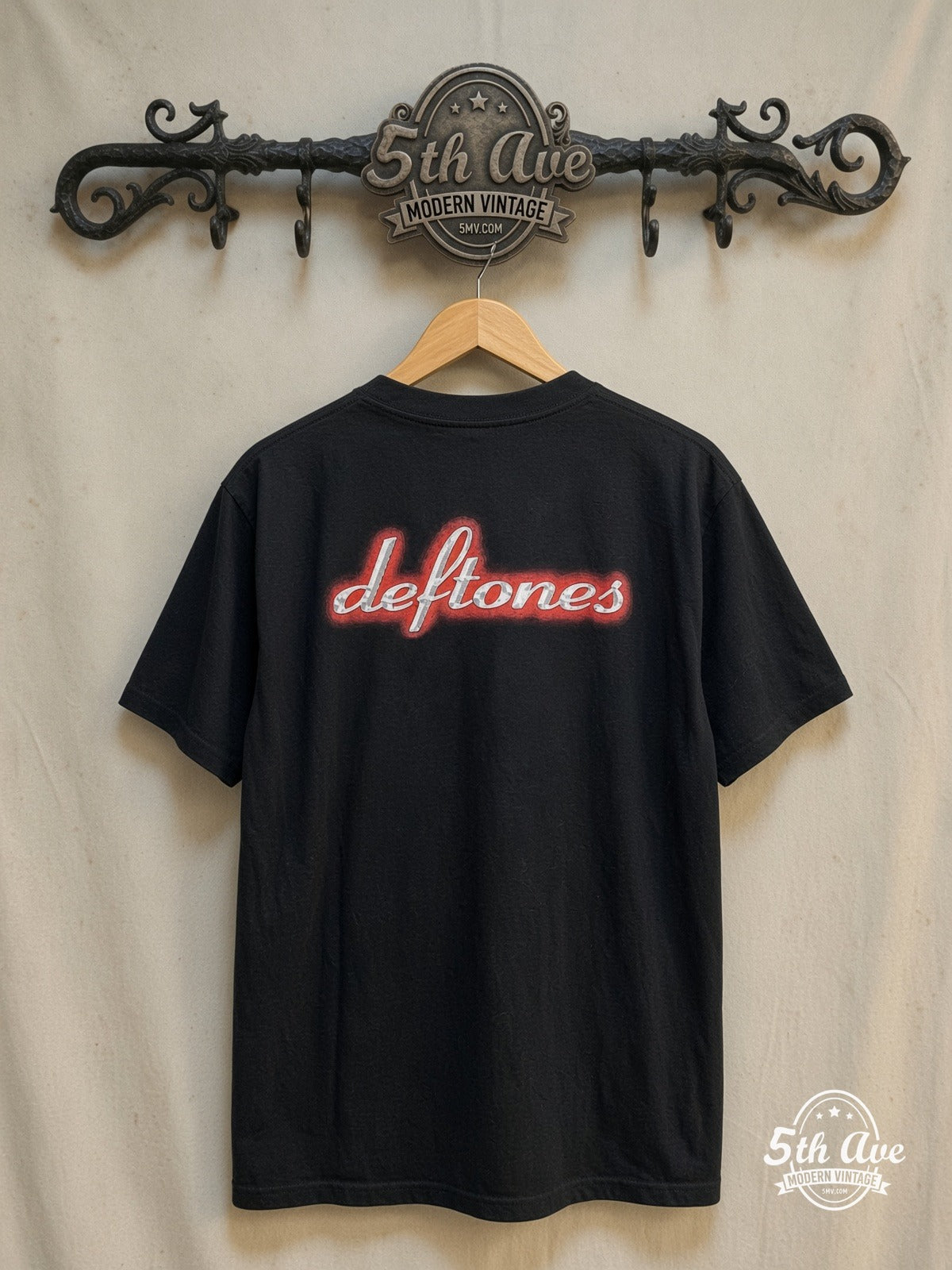 Deftones – Chino Moreno – Vintage Band T-Shirt — back on locked cream ornate 5th Ave rack