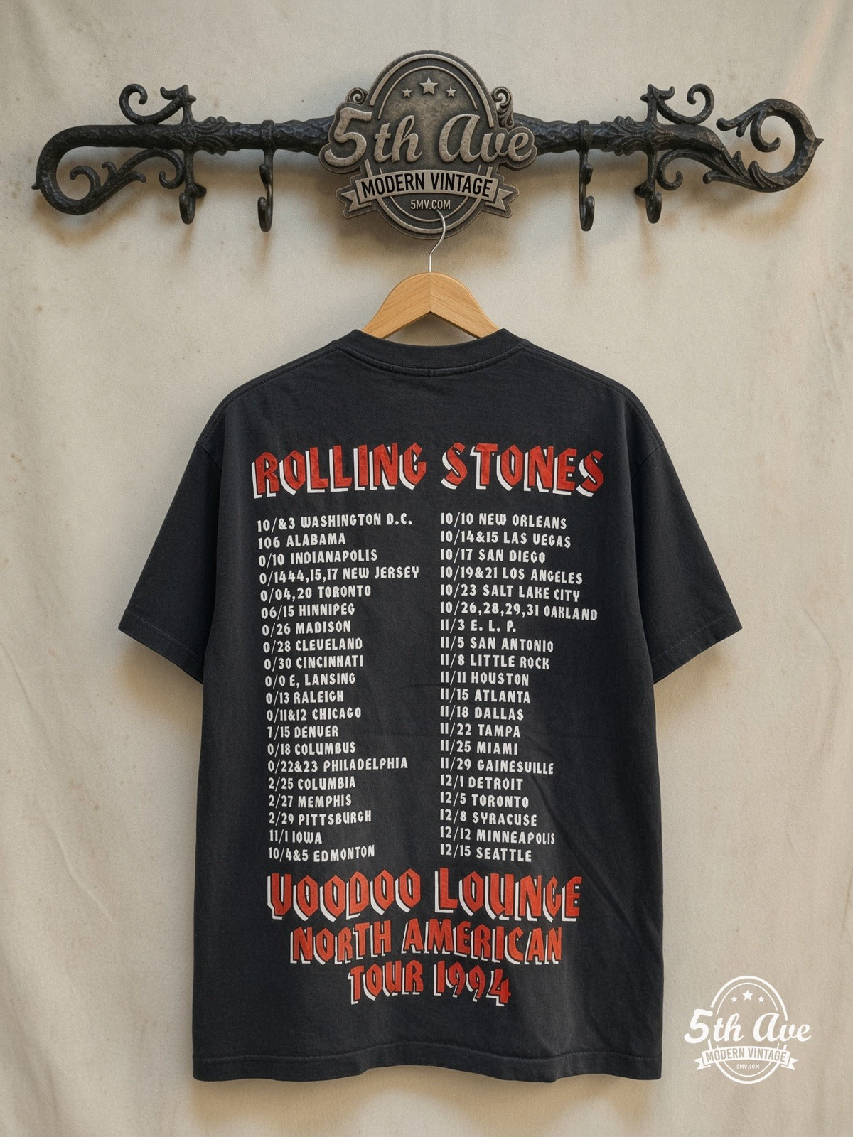 The Rolling Stones – Voodoo Lounge North American Tour 1994 – Vintage Band T-Shirt — back on locked cream ornate 5th Ave rack