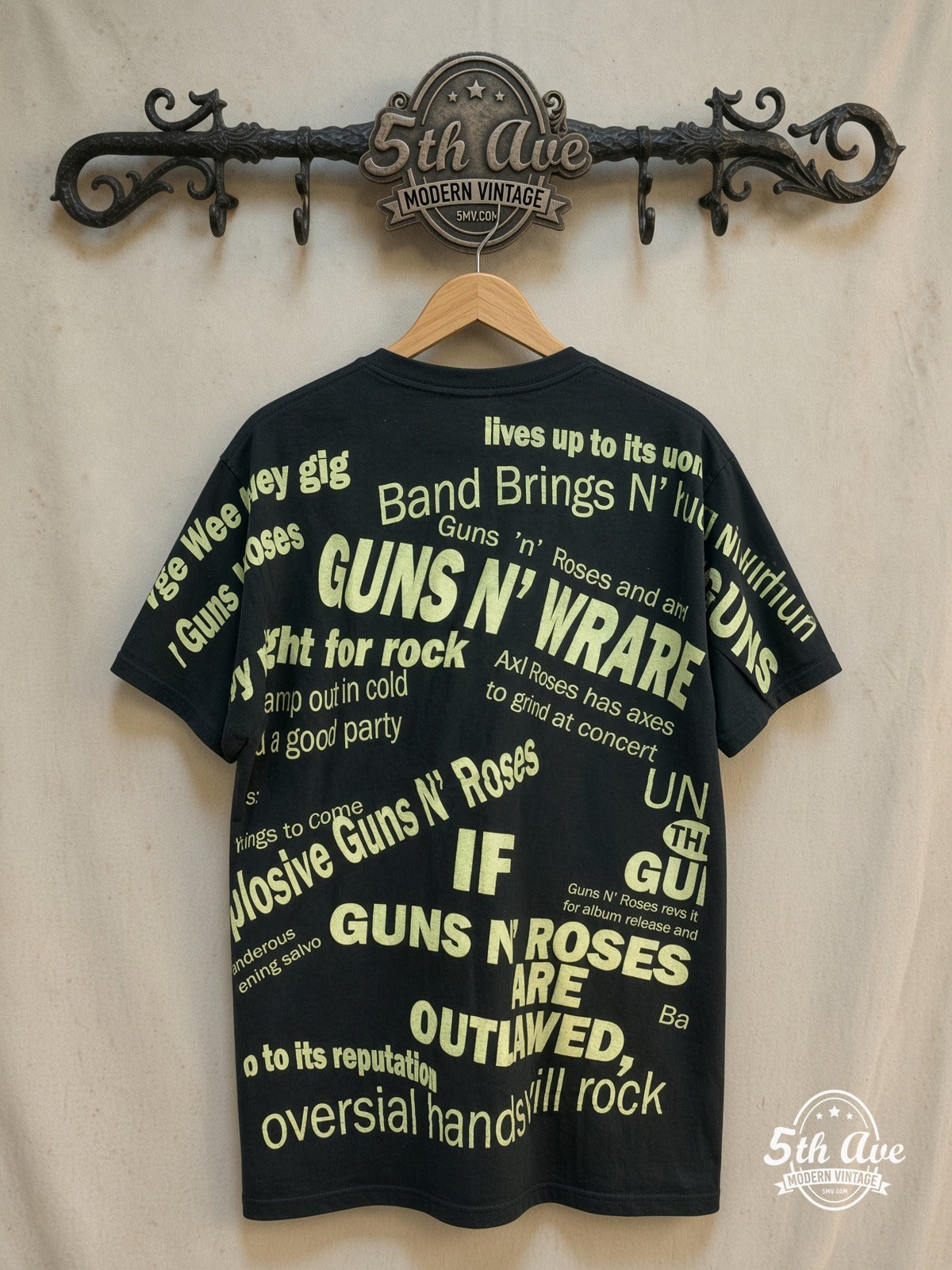Guns N' Roses – DEAD Newspaper Headlines Black All Over Print – Vintage Band T-Shirt — back on locked cream ornate 5th Ave rack
