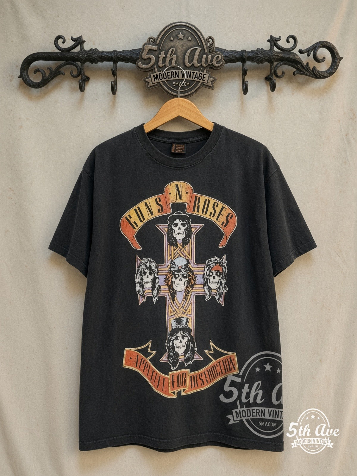 Guns N' Roses – Joker Tattoo – All Over Print – Vintage Band T-Shirt — back on locked cream ornate 5th Ave rack