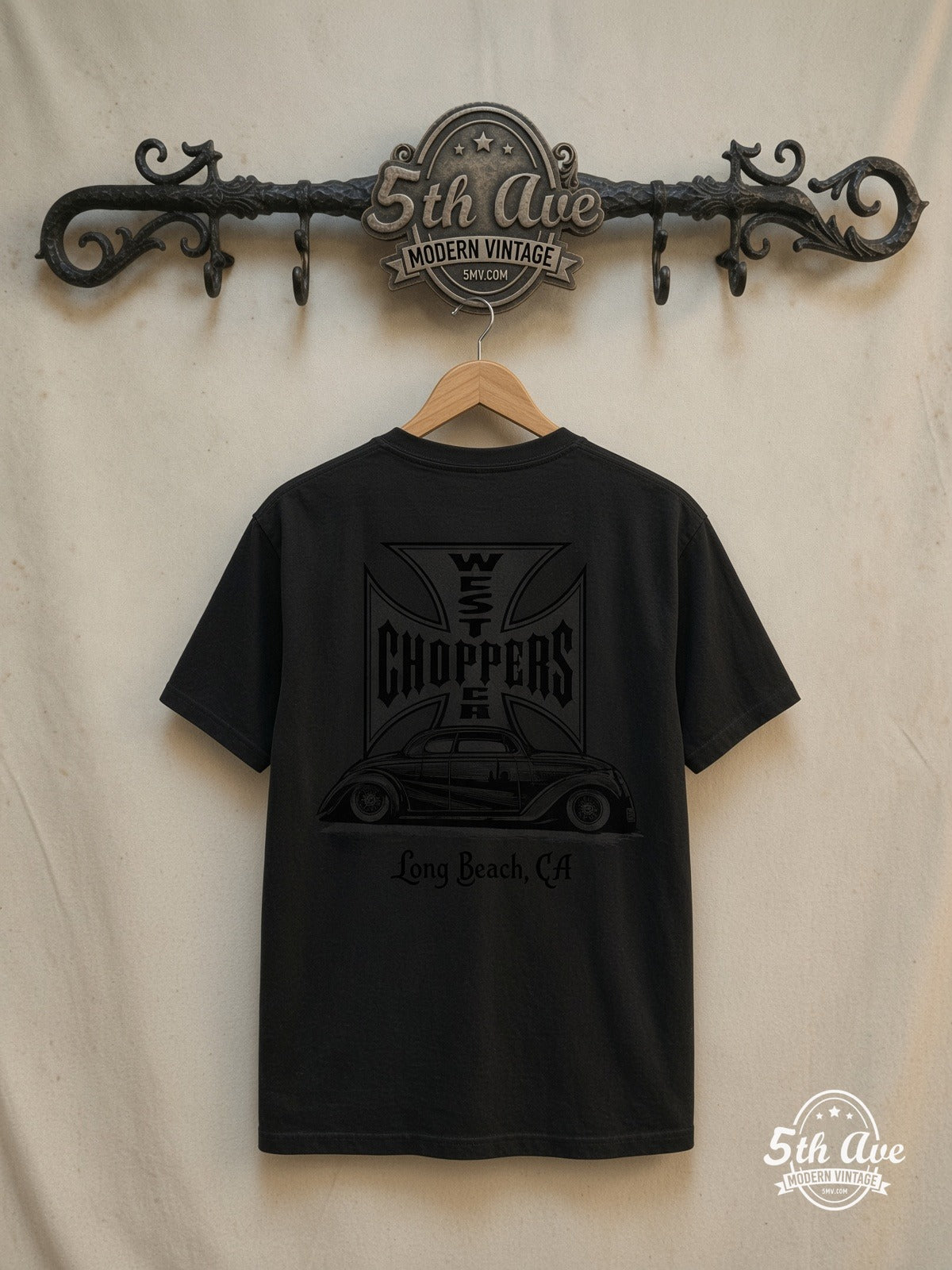 West Coast Choppers – Purple Hot Rod Long Beach Back – Vintage Graphic Tee — back on locked cream ornate 5th Ave rack