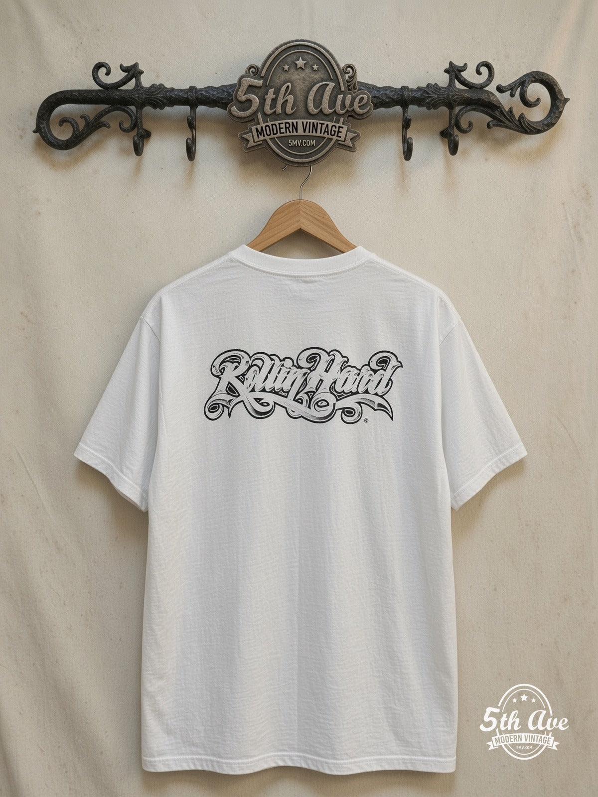 Rollin Hard – Lowrider Clowns Unleashed – Vintage Graphic Tee — back on locked cream ornate 5th Ave rack