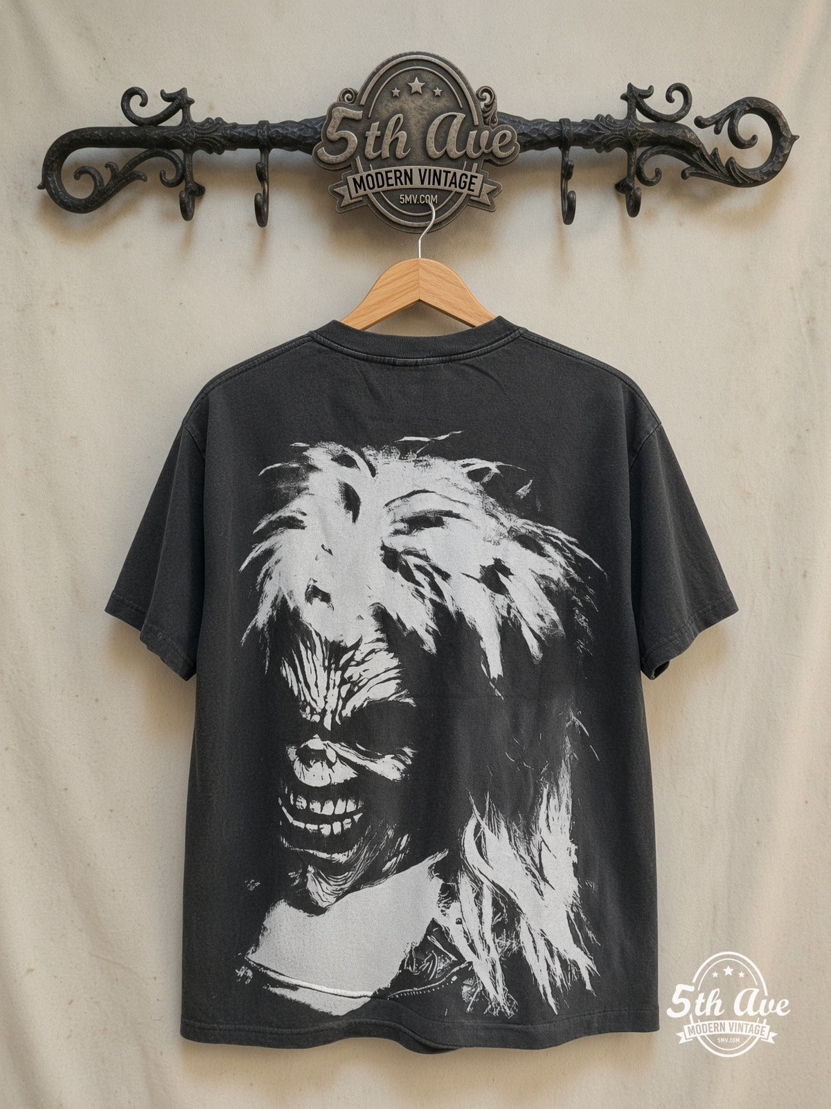 Iron Maiden – Brave New World Tour – All Over Print – Vintage Band T-Shirt — back on locked cream ornate 5th Ave rack