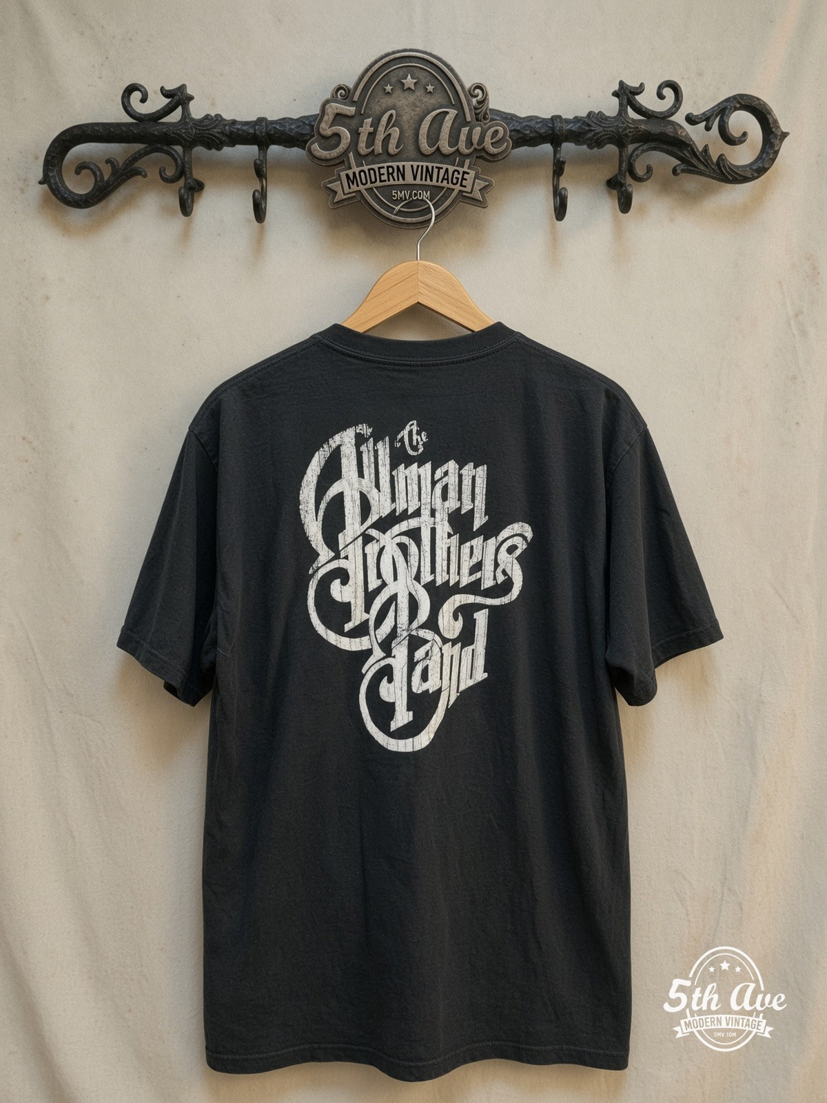 The Allman Brothers Band – The Road Goes On Forever – Vintage Band T-Shirt — back on locked cream ornate 5th Ave rack
