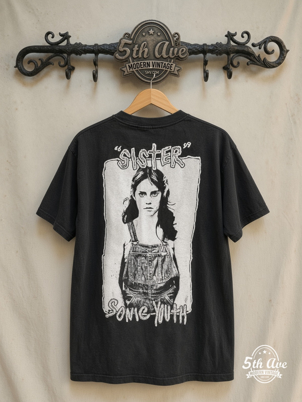 Sonic Youth – Sister 1987 – Vintage Band T-Shirt — back on locked cream ornate 5th Ave rack