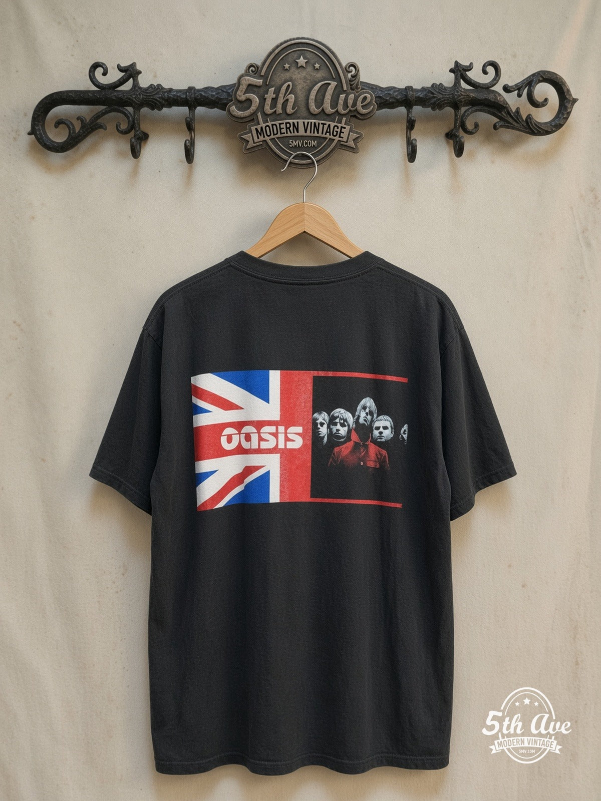 Oasis – Union Jack Band Photo Red Jacket – Vintage Band T-Shirt — back on locked cream ornate 5th Ave rack