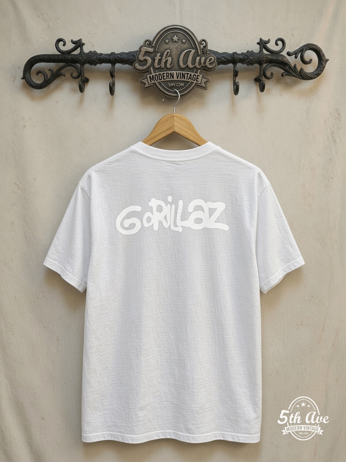 Gorillaz – Abbey Road Walking Silhouettes – Vintage Band T-Shirt — back on locked cream ornate 5th Ave rack