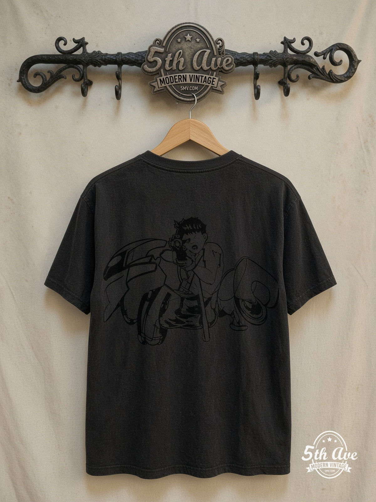 Revolutionary Ride: Akira Motorcycle & Capsule Single Stitched Crew Ne – ck t shirt – New Vintage Anime Tee — back on locked cream ornate 5th Ave rack