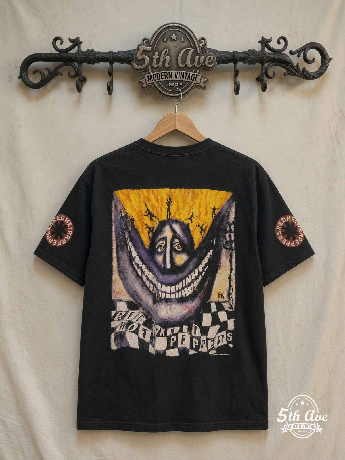 Red Hot Chili Peppers – Purple Face Tour Long Sleeve – Vintage Band T-Shirt — back on locked cream ornate 5th Ave rack