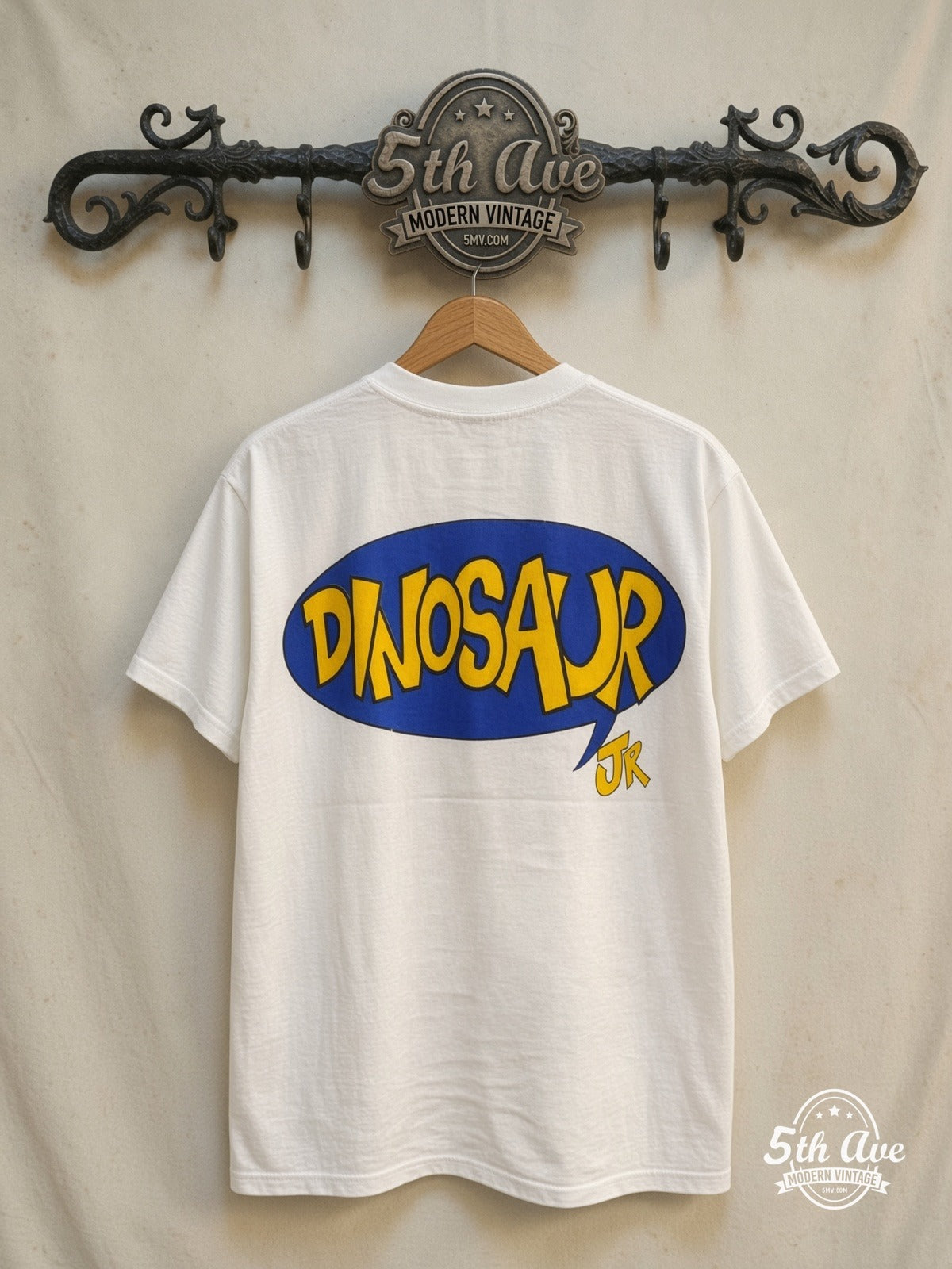 Dinosaur Jr. – Dinosaur Jr. Graphic – Vintage Band T-Shirt — back on locked cream ornate 5th Ave rack